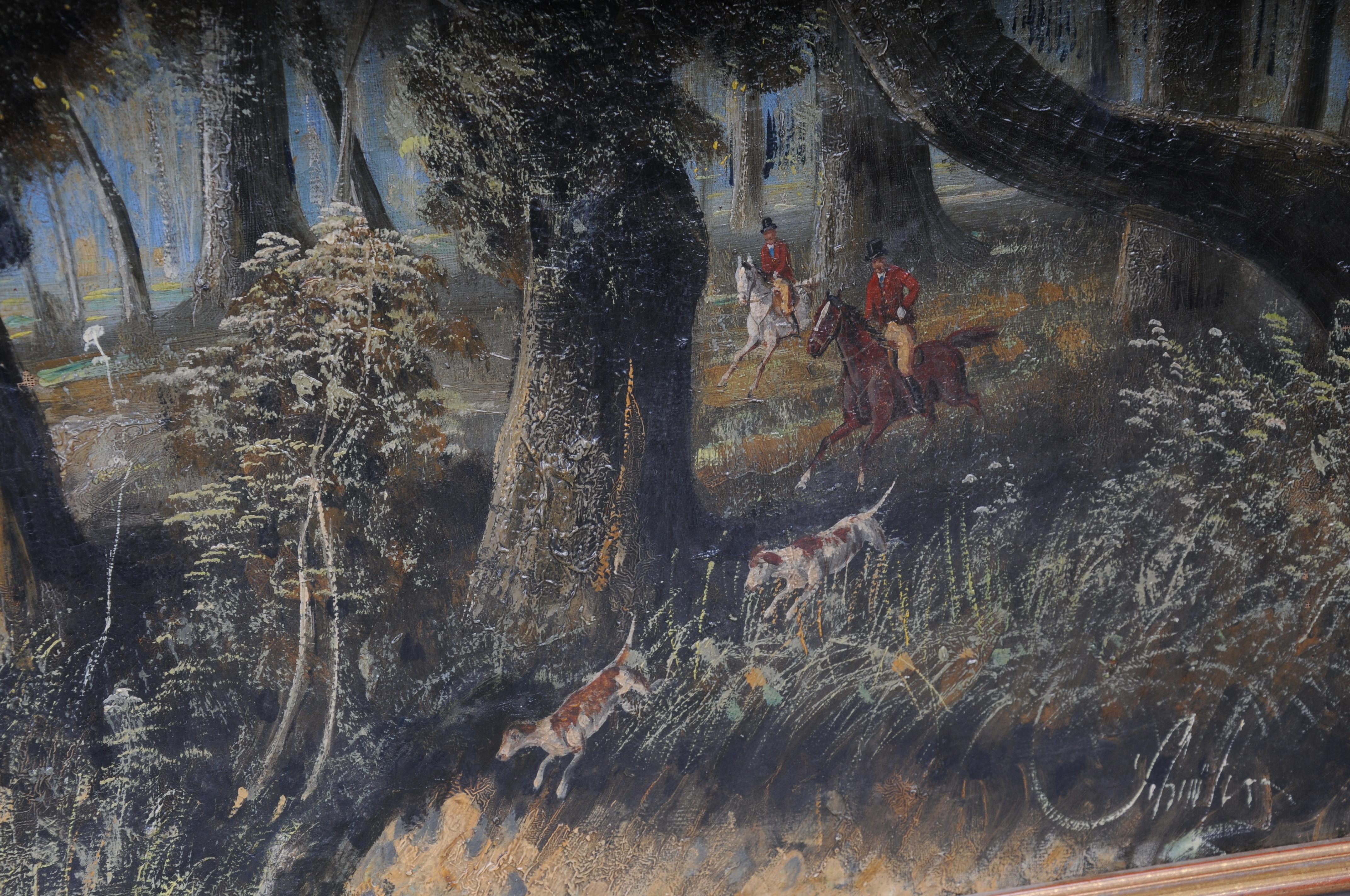 dipinto ad olio impressionista Cavaliere a cavallo con cani da caccia Foresta, firmato in vendita 2