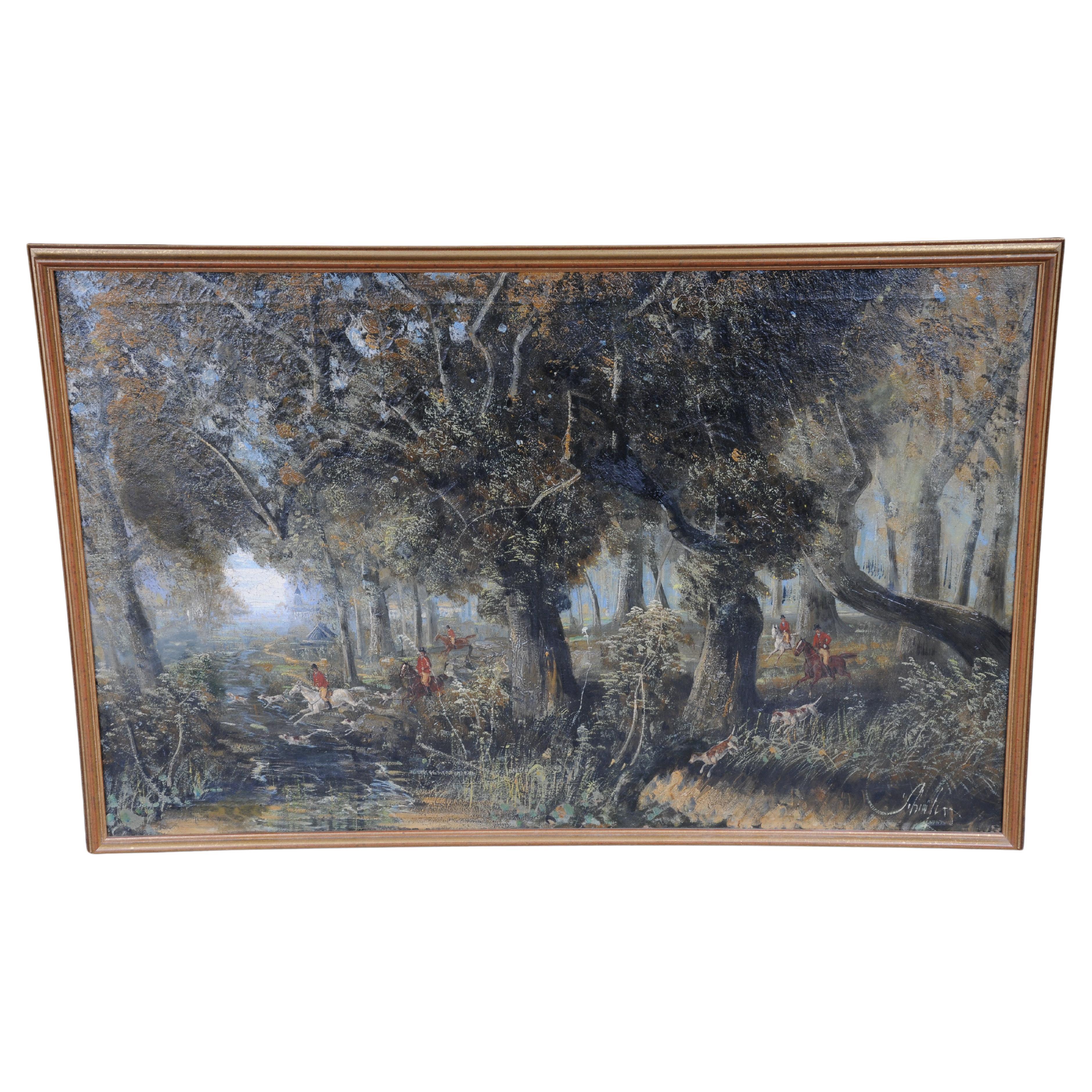 dipinto ad olio impressionista Cavaliere a cavallo con cani da caccia Foresta, firmato