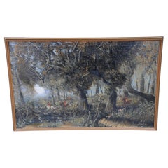 dipinto ad olio impressionista Cavaliere a cavallo con cani da caccia Foresta, firmato