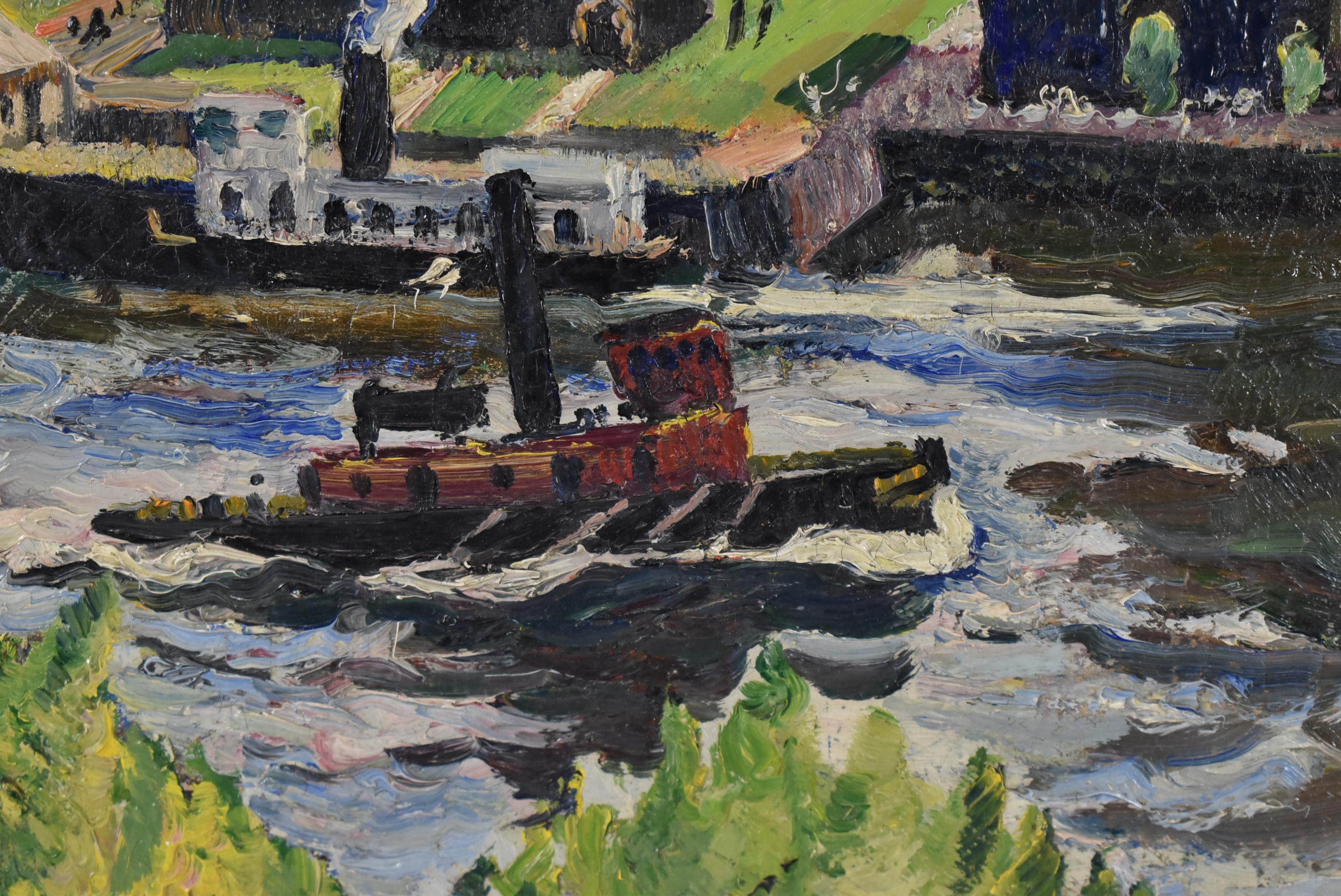 Impressionist oil painting industrial tugboat scene on board by Hayley Lever, 1875-1958. Australian American who studied in London and moved to America in 1911. Exhibited primarily in New York. Dated 1931. Image size measures 13.5