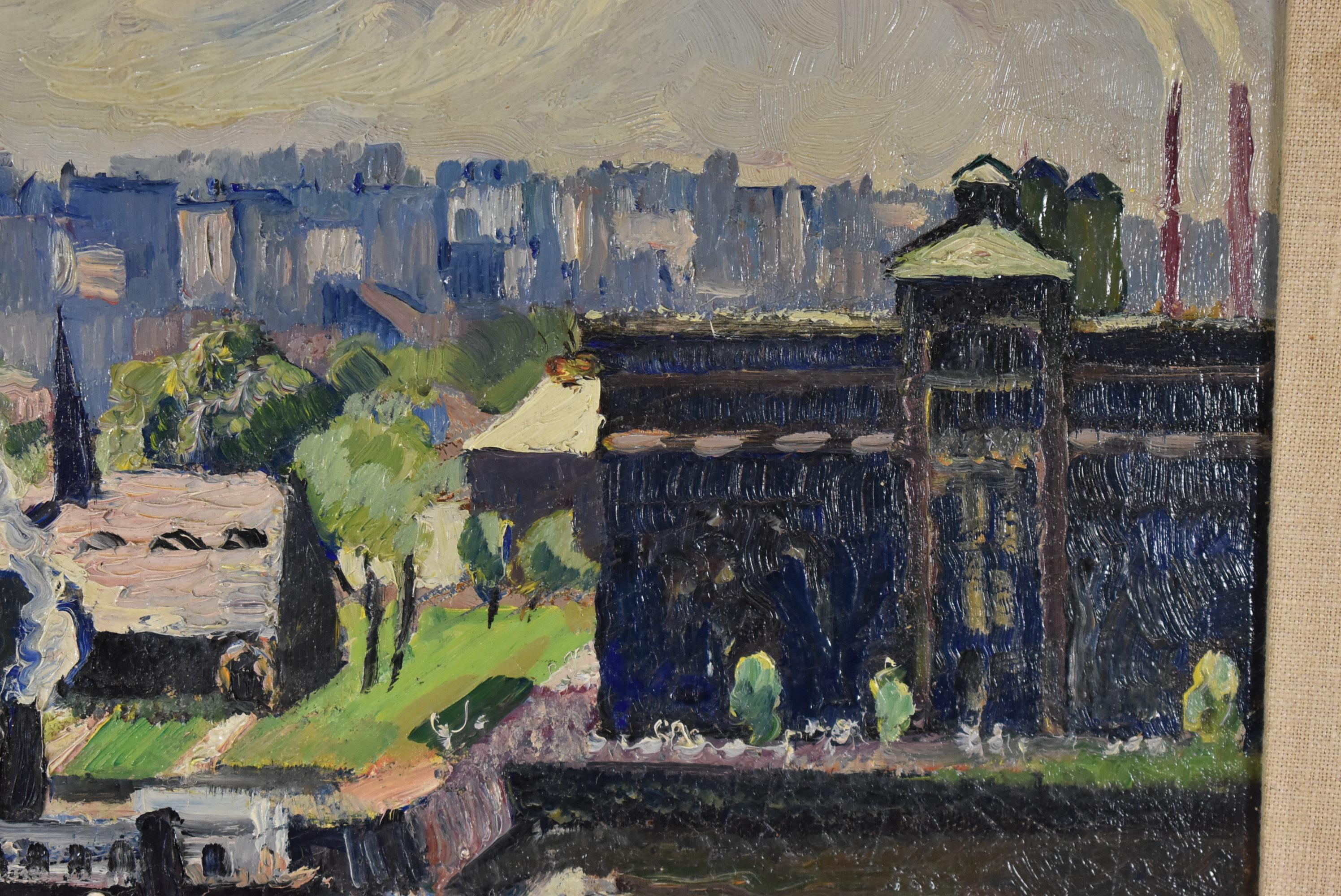 Art Deco Impressionist Oil Painting Industrial Tugboat Scene by Hayley Lever For Sale