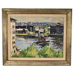 Impressionist Oil Painting Industrial Tugboat Scene by Hayley Lever