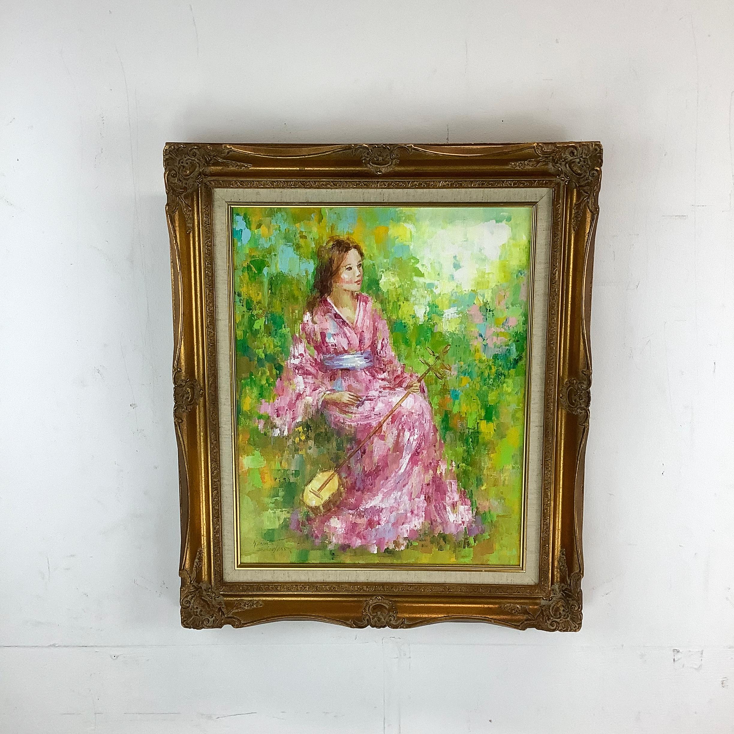 Impressionistisches Ölgemälde einer Frau im Kimono, signiert Karin Schaefers (Anglo-japanisch) im Angebot
