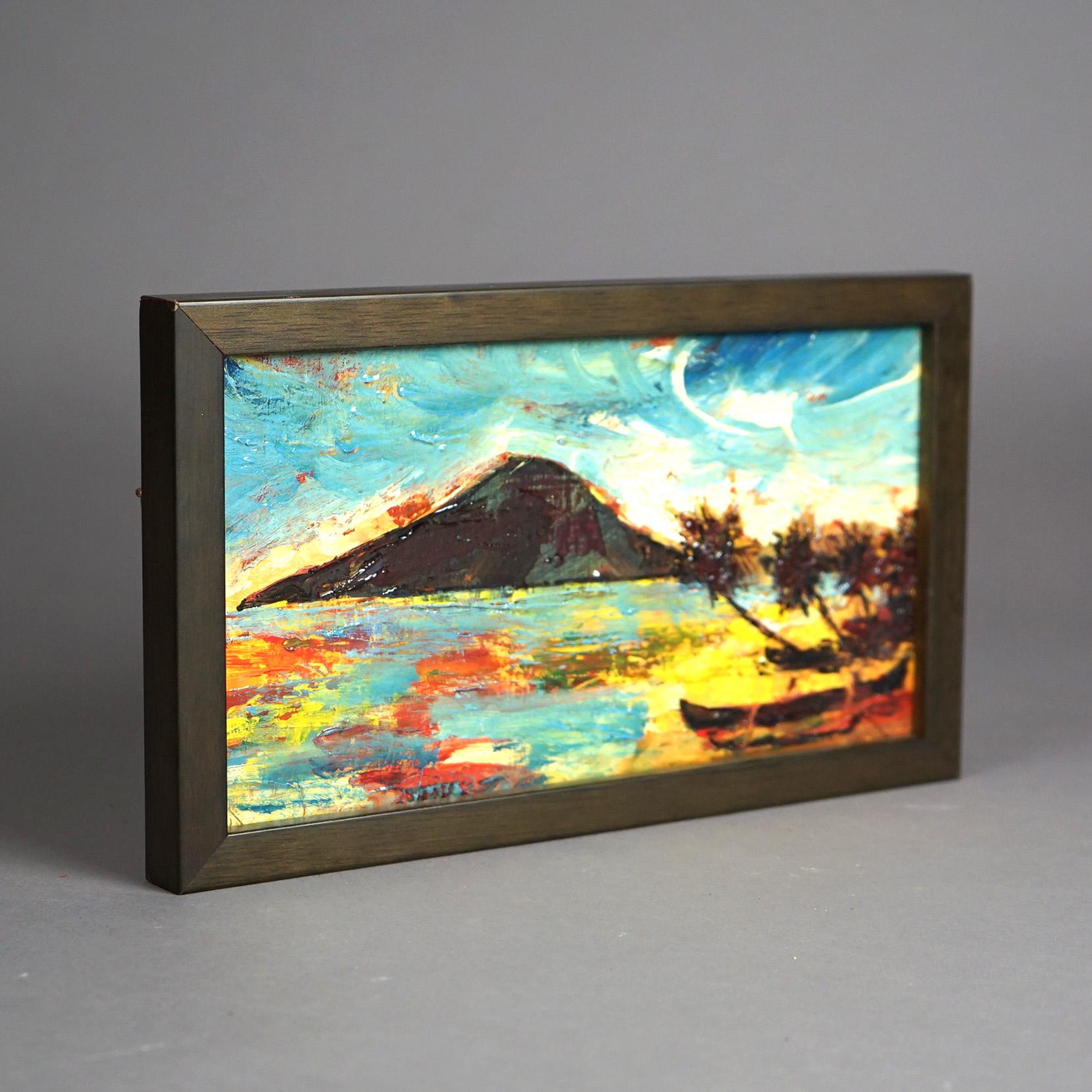 Hand-Painted Impressionist Oil Painting Oil on Panel Tahitian Tropical Landscape 20th C For Sale