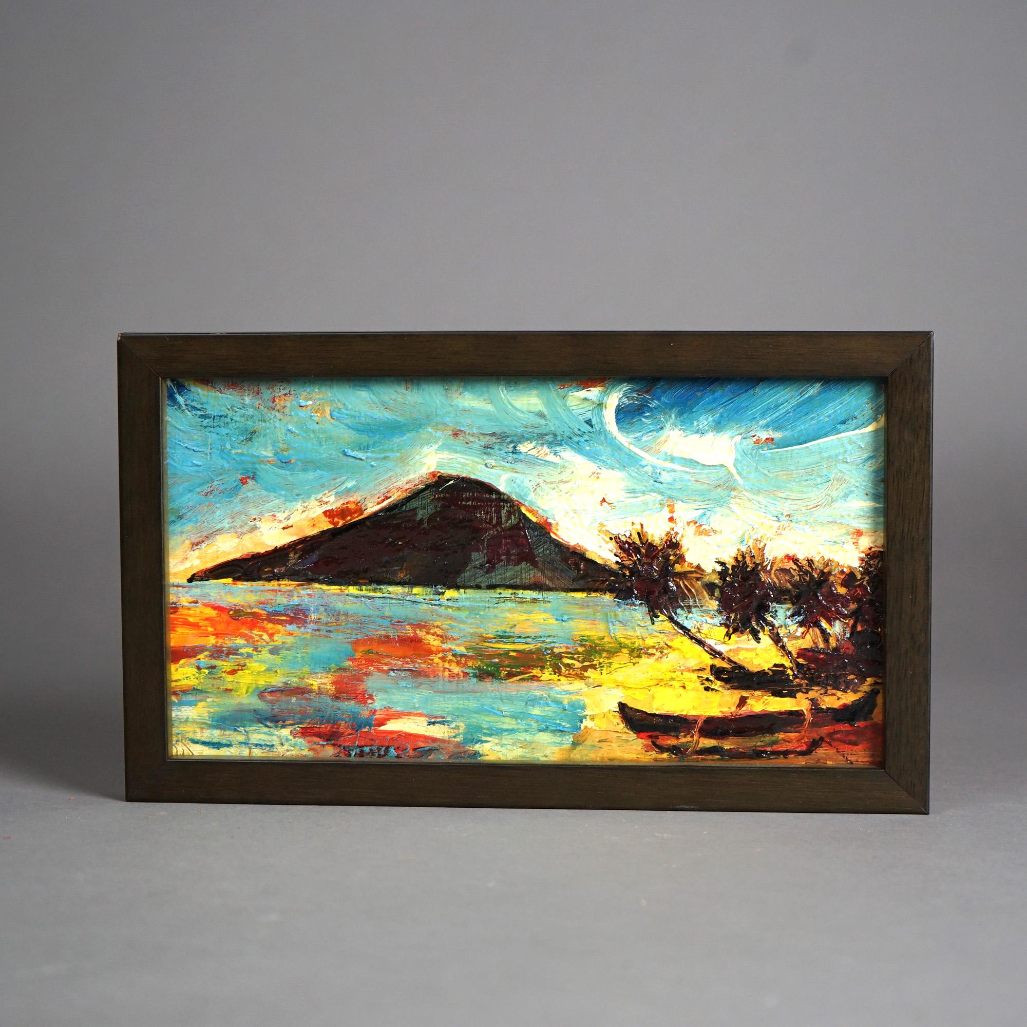 Wood Impressionist Oil Painting Oil on Panel Tahitian Tropical Landscape 20th C For Sale