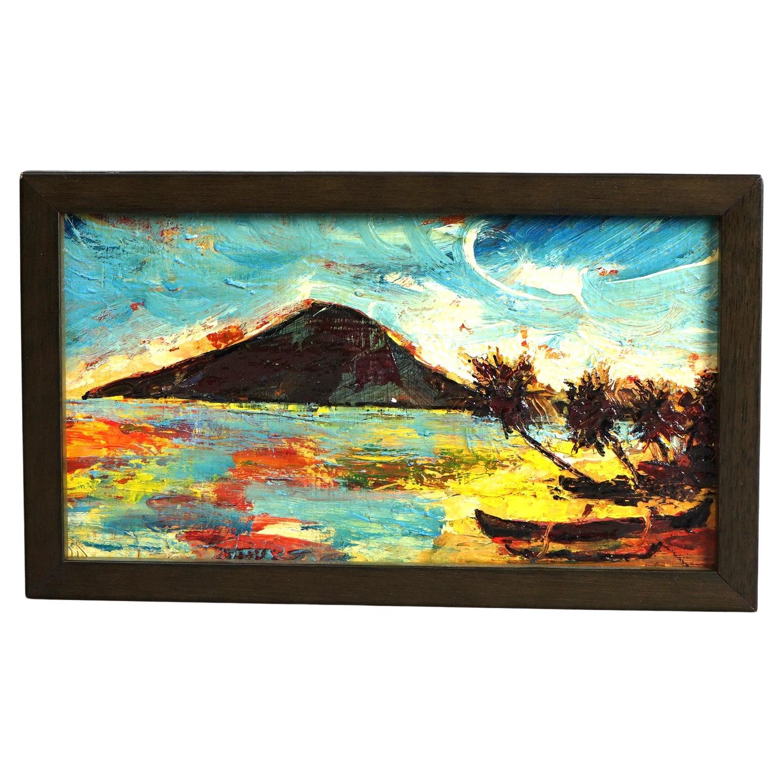 Peinture à l'huile impressionniste huile sur panneau paysage tropical de Tahiti 20e siècle