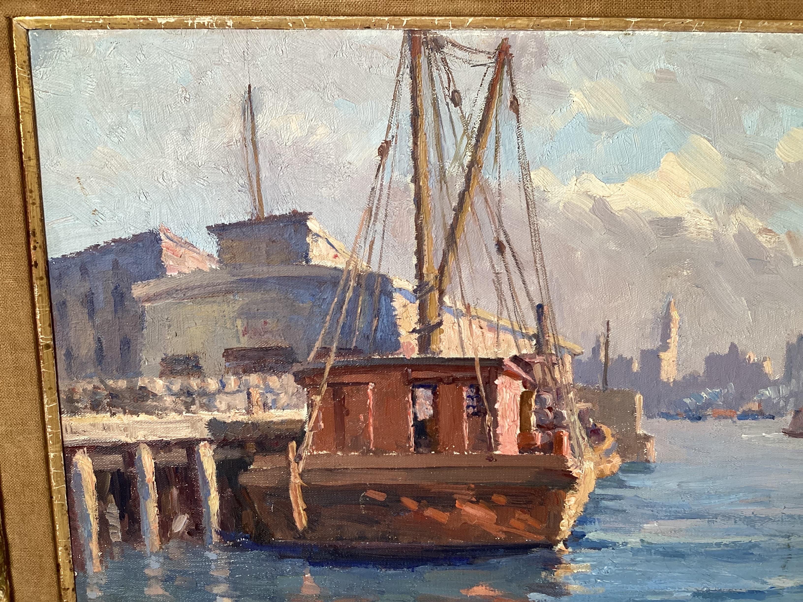 Elegant impressionist style painting of a city harbor scene.  The original frame with intentional distressed finish.  18 high, 24 wide, with frame...