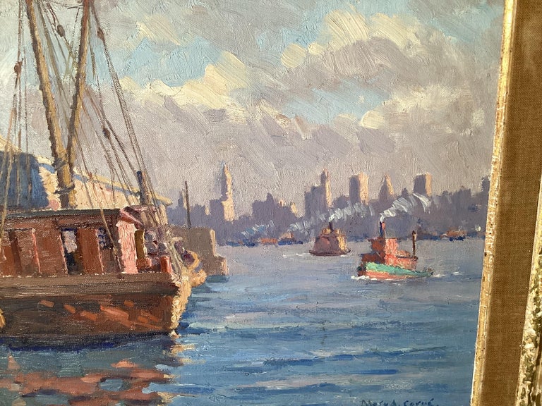 Mid-Century Modern Impressionist Oil Painting on Board of City Harbor Scene in Original Frame  For Sale
