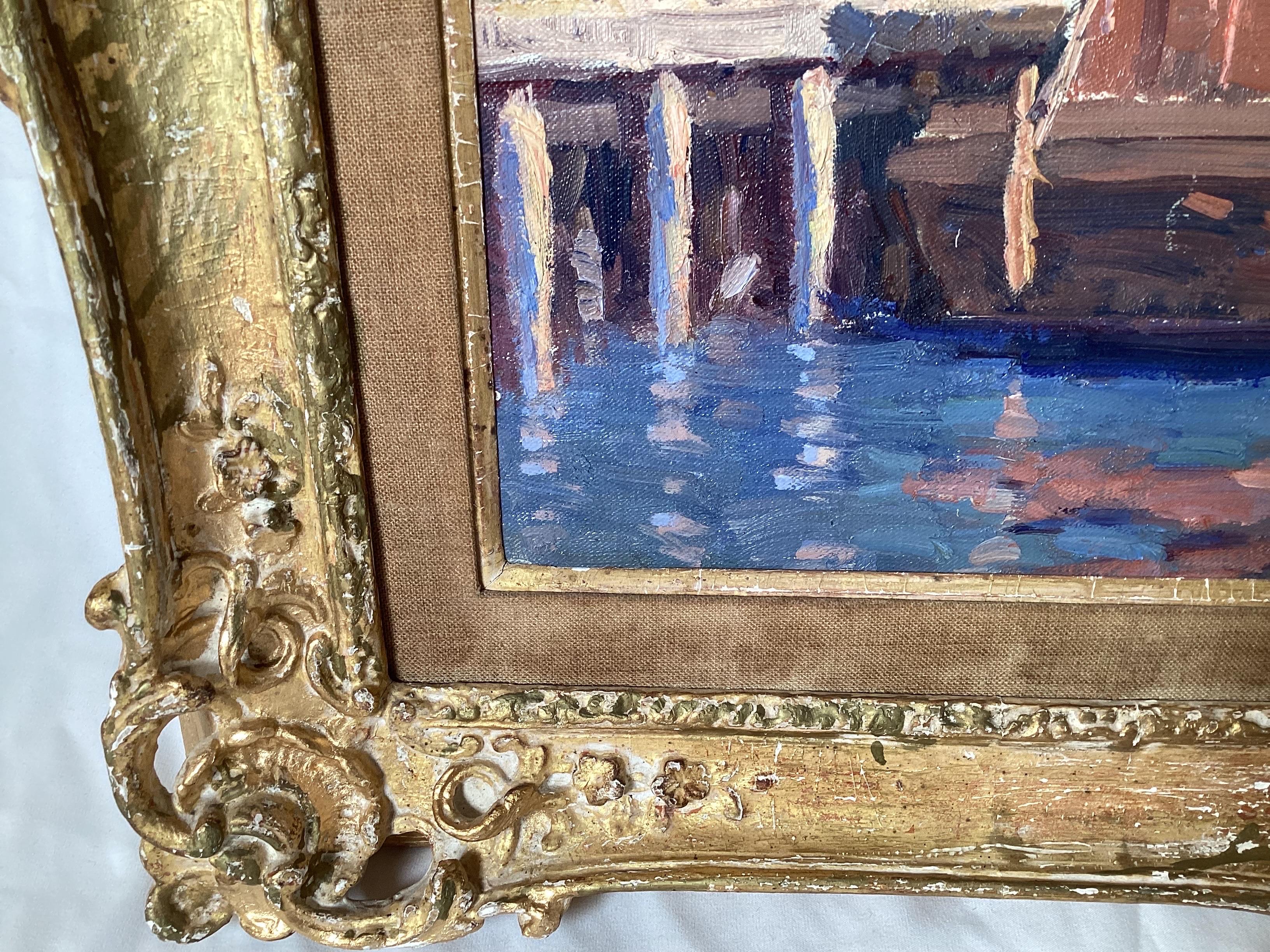 Mid-Century Modern Impressionist Oil Painting on Board of City Harbor Scene in Original Frame  For Sale