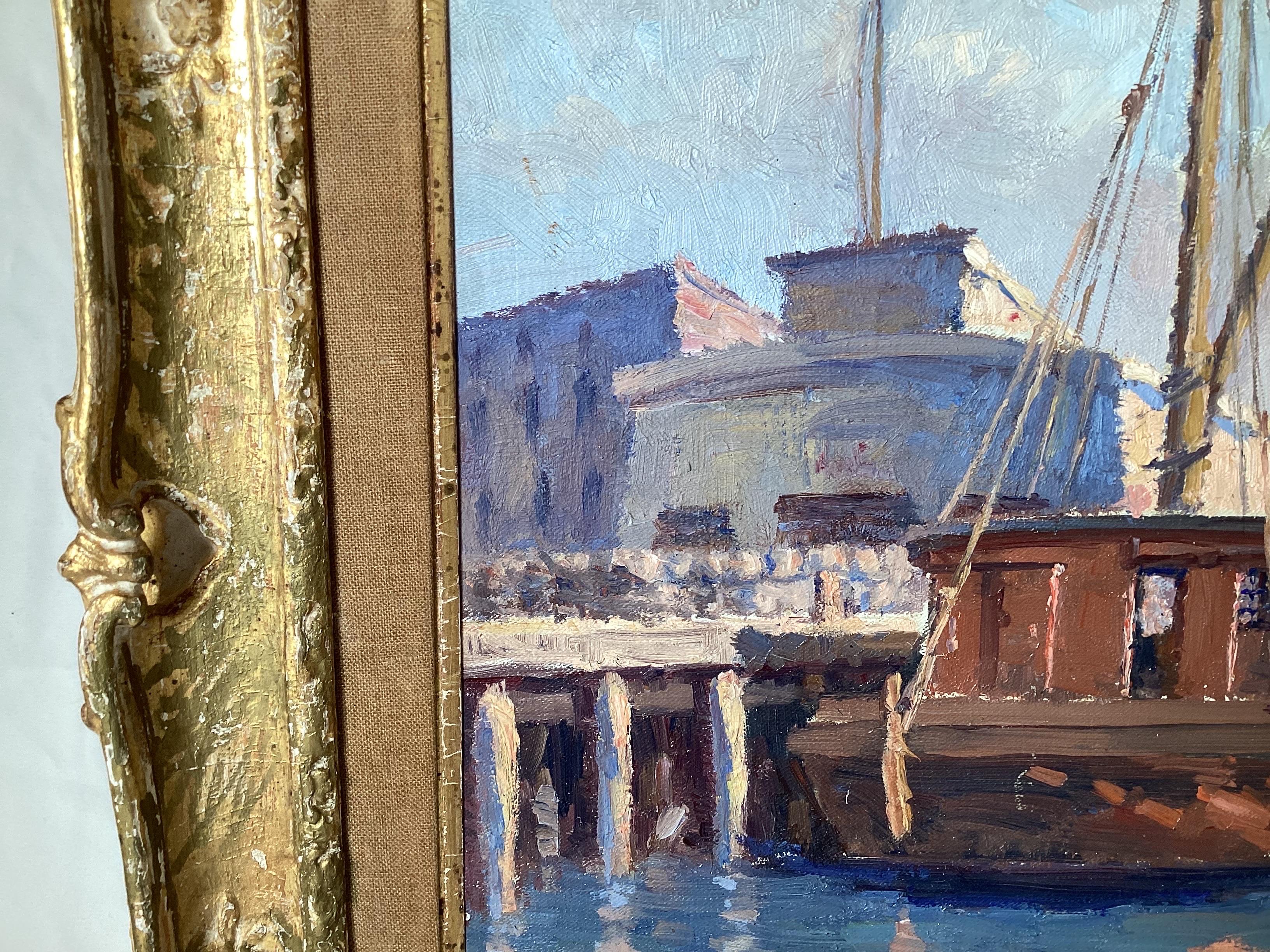 American Impressionist Oil Painting on Board of City Harbor Scene in Original Frame  For Sale