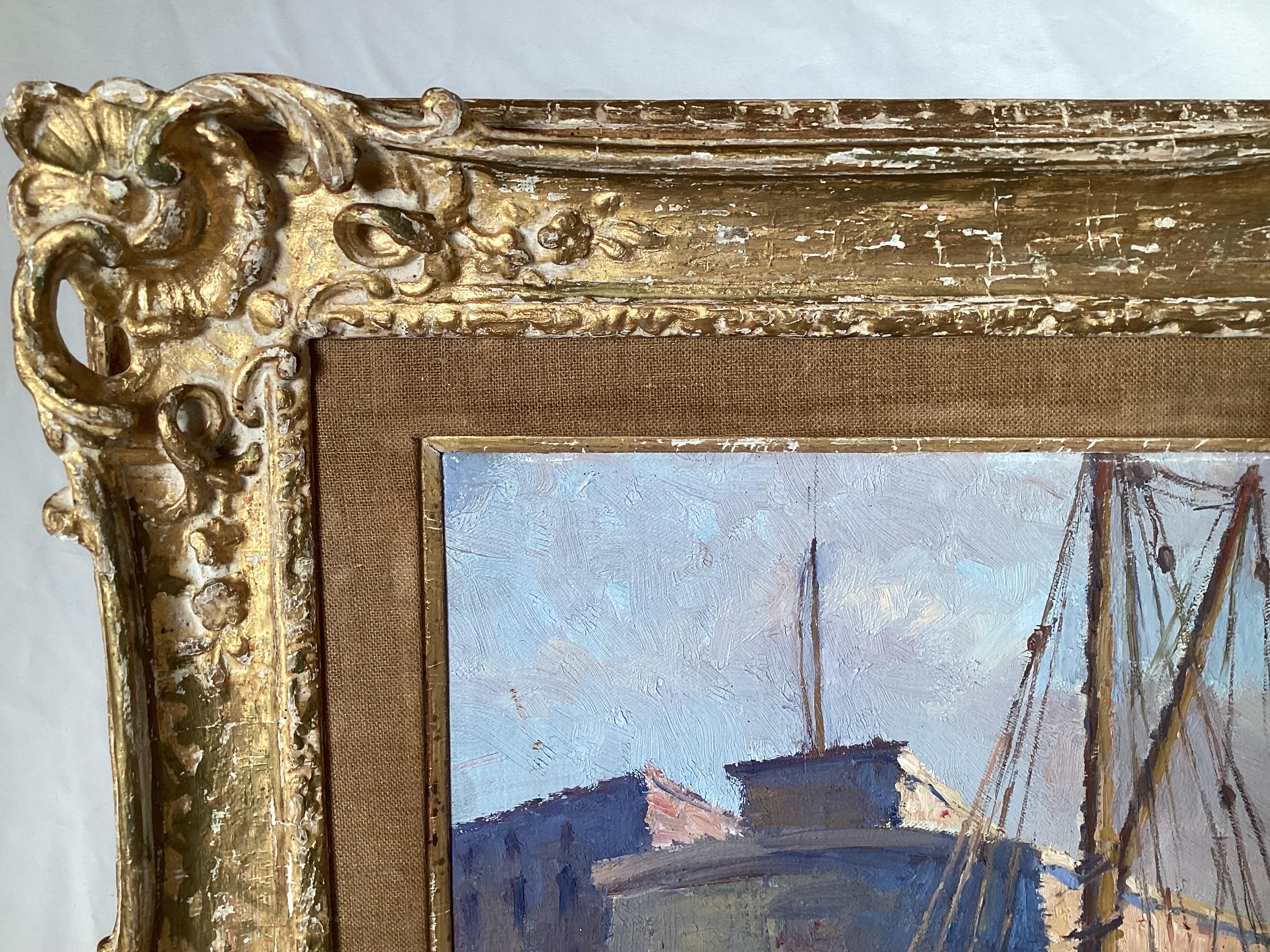 Pintura al óleo impresionista sobre tabla de escena portuaria urbana en marco original en Bueno estado para la venta en Lambertville, NJ