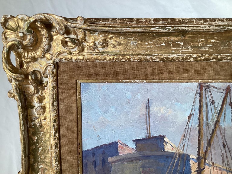 Giltwood Impressionist Oil Painting on Board of City Harbor Scene in Original Frame  For Sale