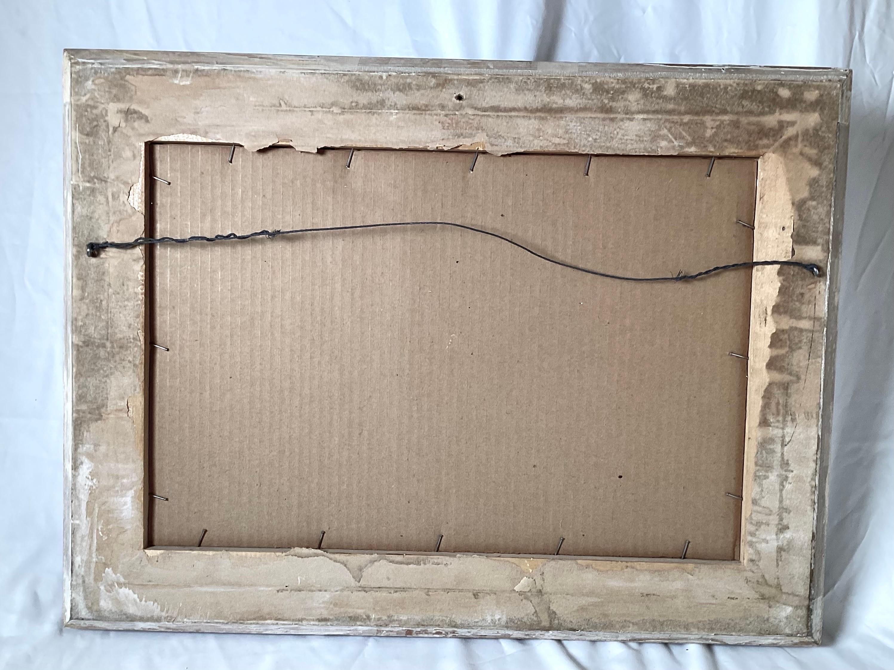 Pintura al óleo impresionista sobre tabla de escena portuaria urbana en marco original Madera dorada en venta