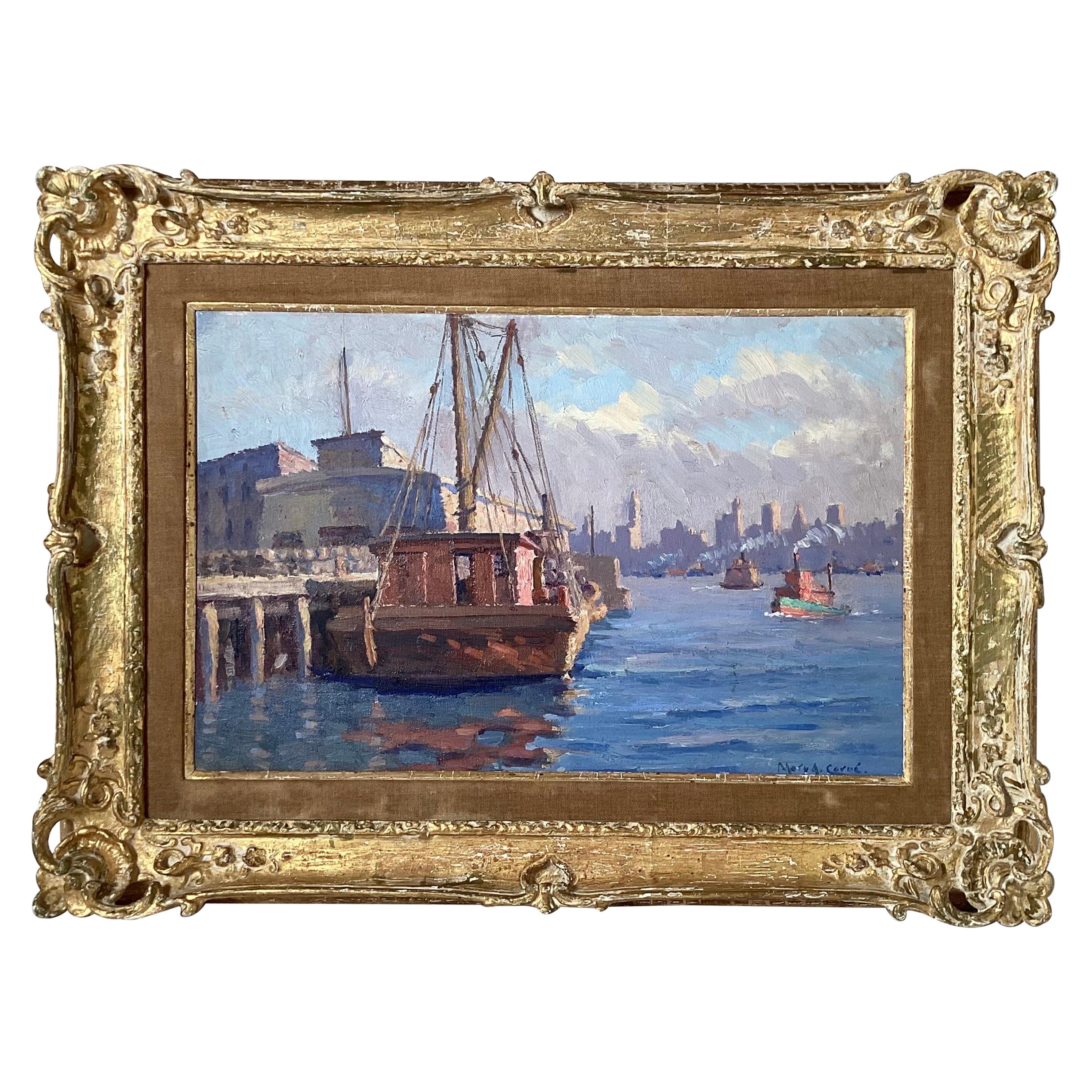 Peinture à l'huile impressionniste sur panneau d'une scène de port de ville dans son cadre d'origine en vente