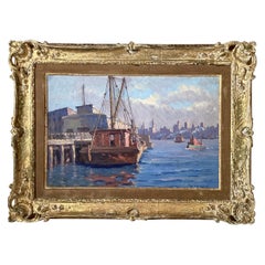 Impressionist Oil Painting on Board of City Harbor Scene in Original Frame