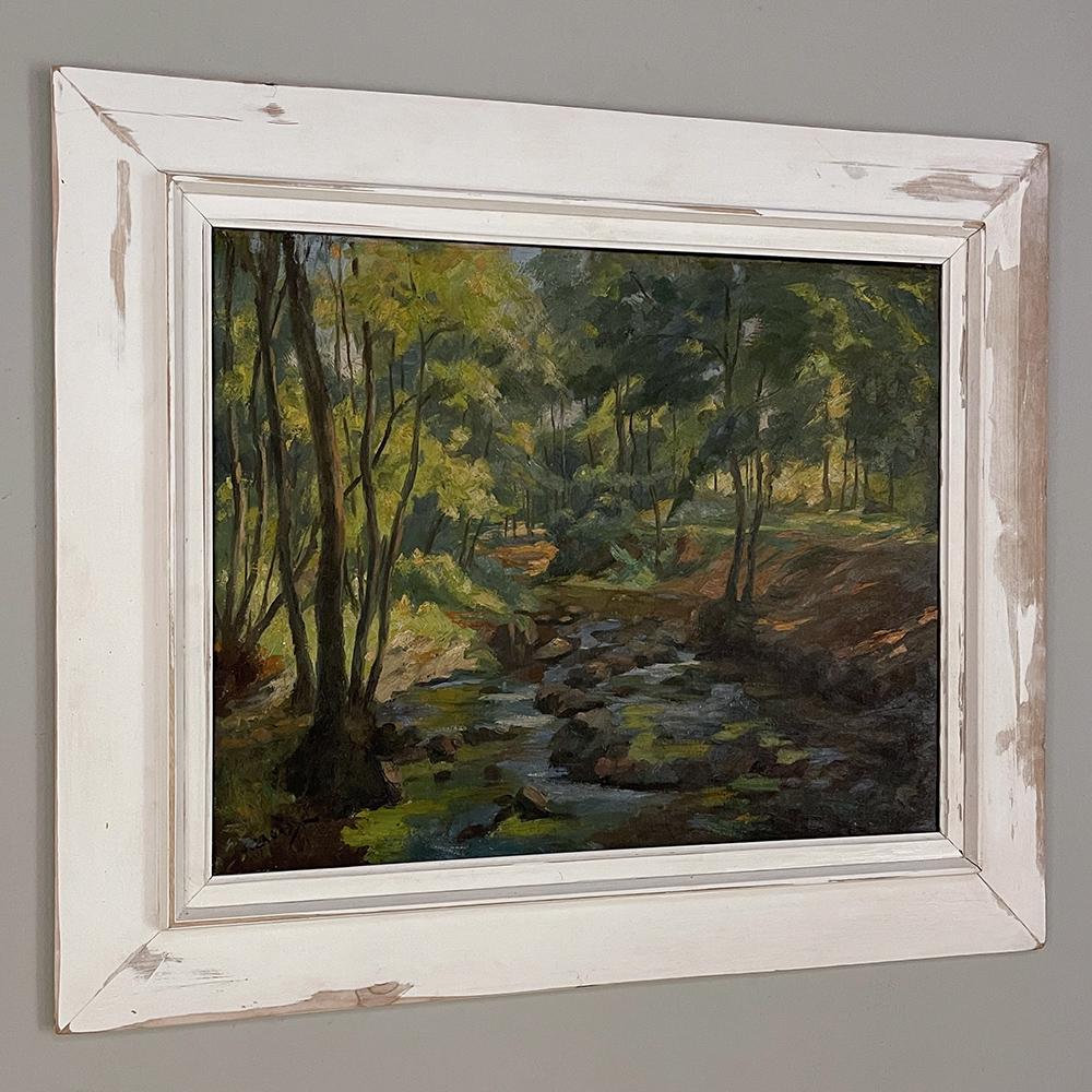 Belgian Impressionist Oil Painting on Canvas in Rustic Distressed Painted Frame by Josep For Sale