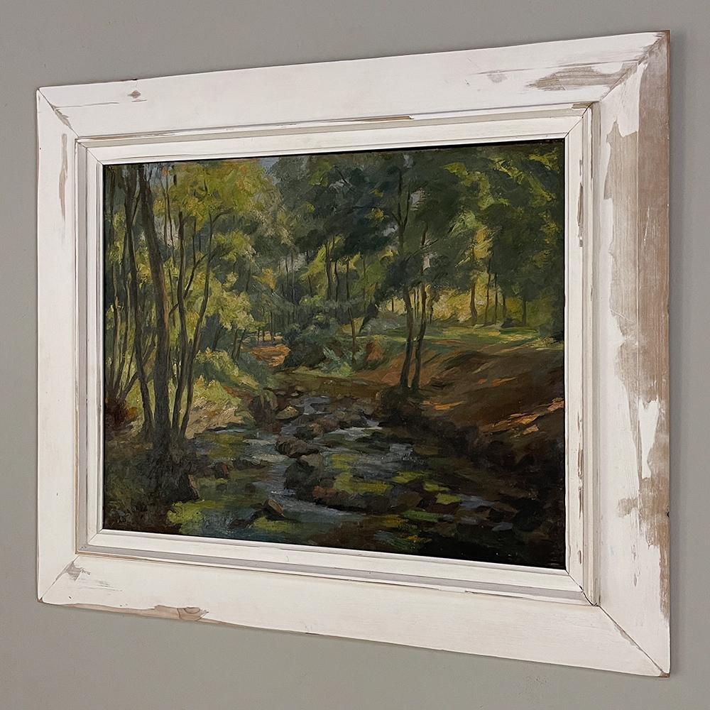 Hand-Painted Impressionist Oil Painting on Canvas in Rustic Distressed Painted Frame by Josep For Sale