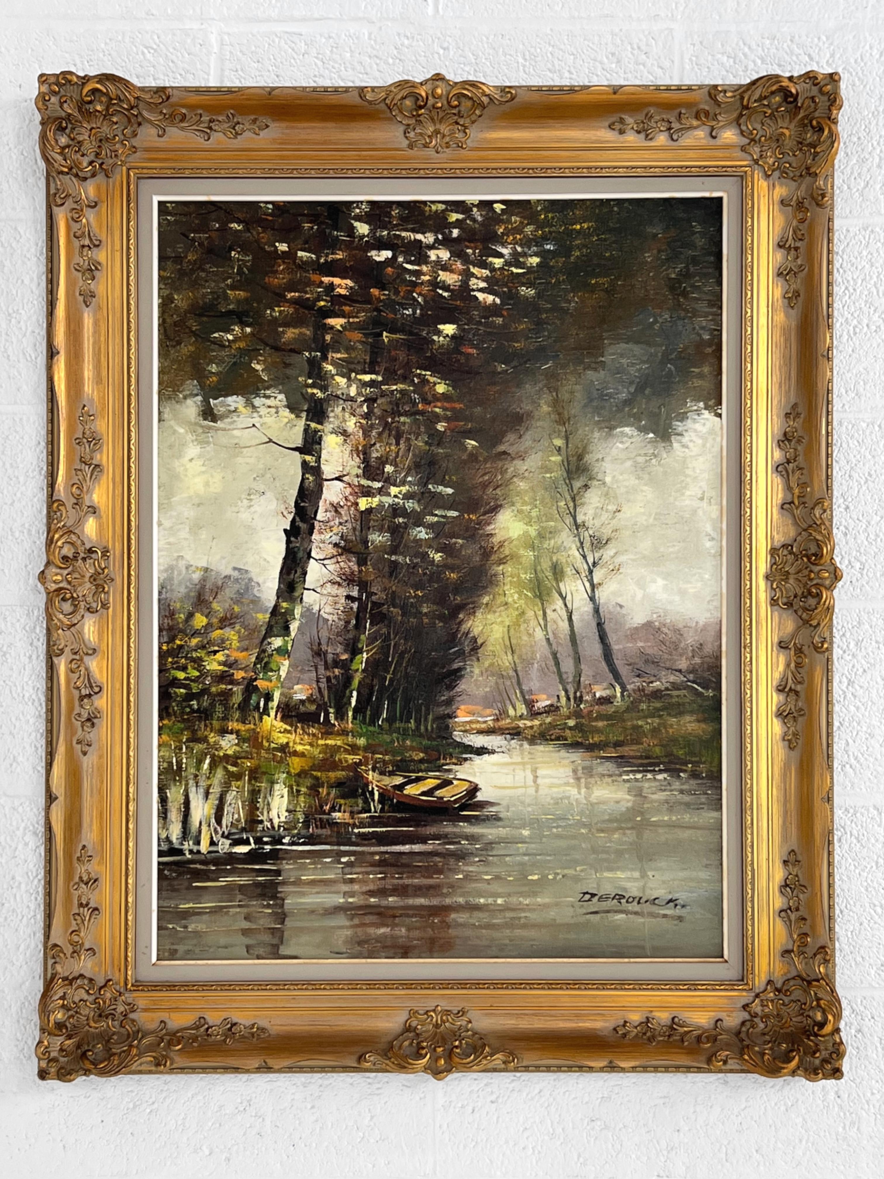 Impressionist Oil Painting River And Nature showing a scene of nature trees and watercourse in front with an adorable village background. All this is perfectly adorned with a beautifully sculpted gilded wooden frame.