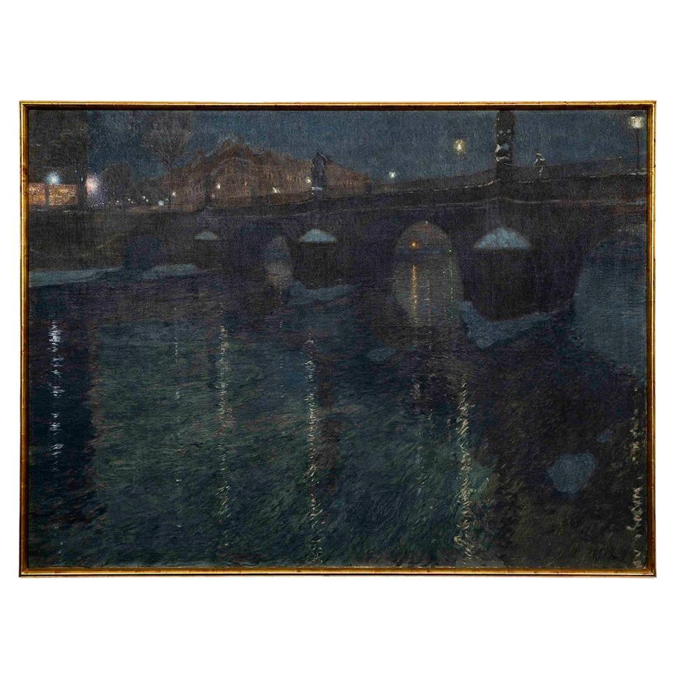 Peinture à l'huile impressionniste Rudolf Quittner Vue nocturne de la Seine 1905 signée en vente