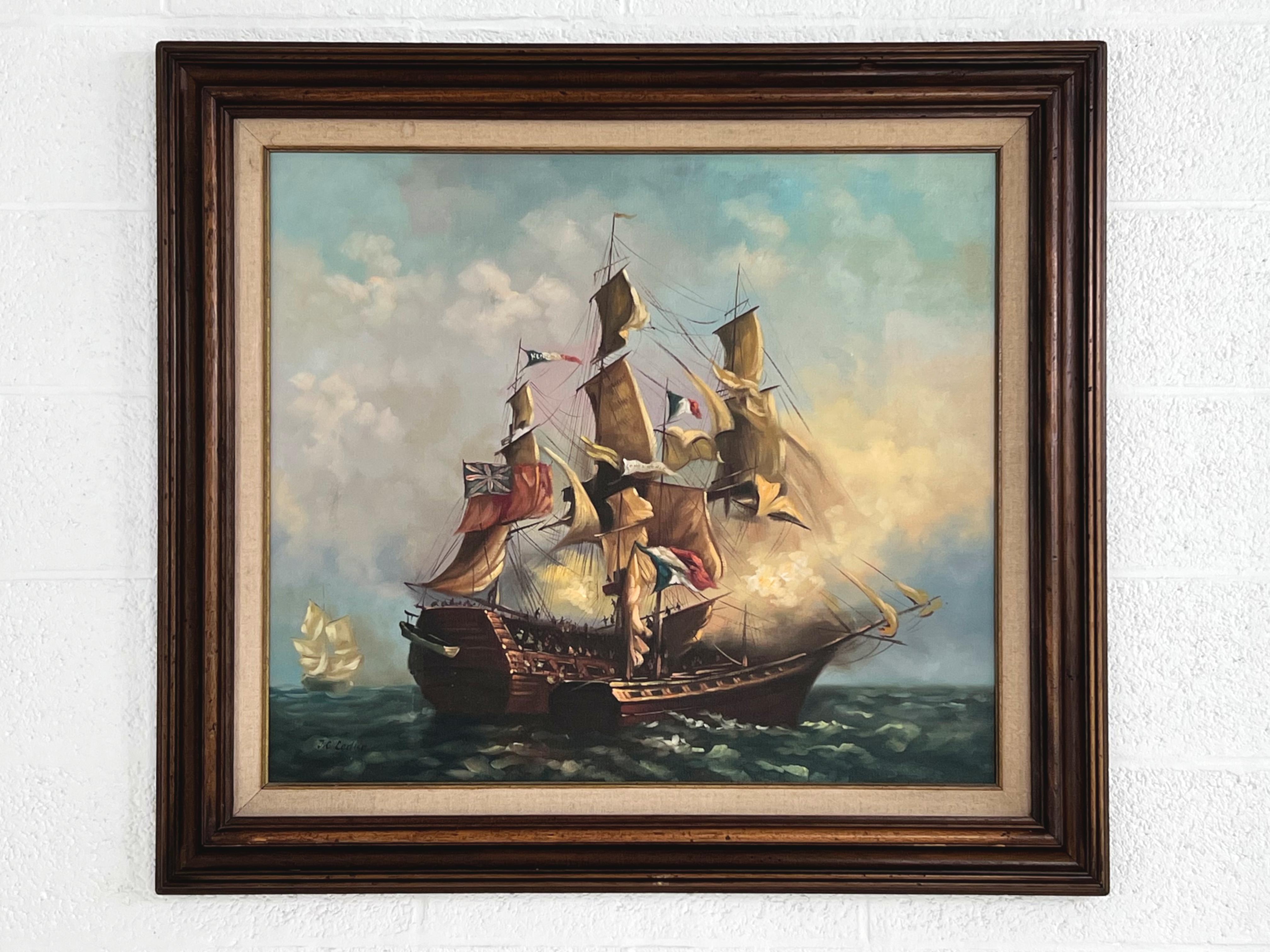 Peinture à l'huile impressionniste Rivière et Nature montrant une bataille navale. Le tout est parfaitement orné d'un cadre en bois magnifiquement sculpté.