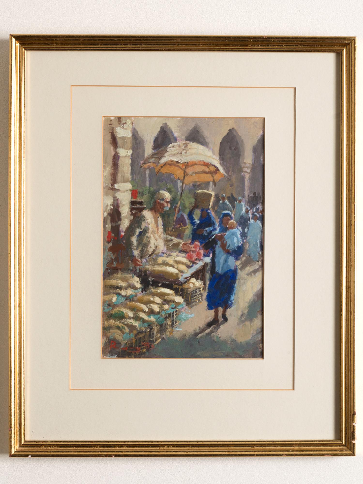 A fine impressionist gilt framed oil on board 'Sponge Man, Khan El-Khalili Cairo' dated 1993, Signed by British artist Roy Pettitt (b.1935)

Roy Pettitt (b.1935) is a British Post War Contemporary oil painter.

Painting remains in excellent