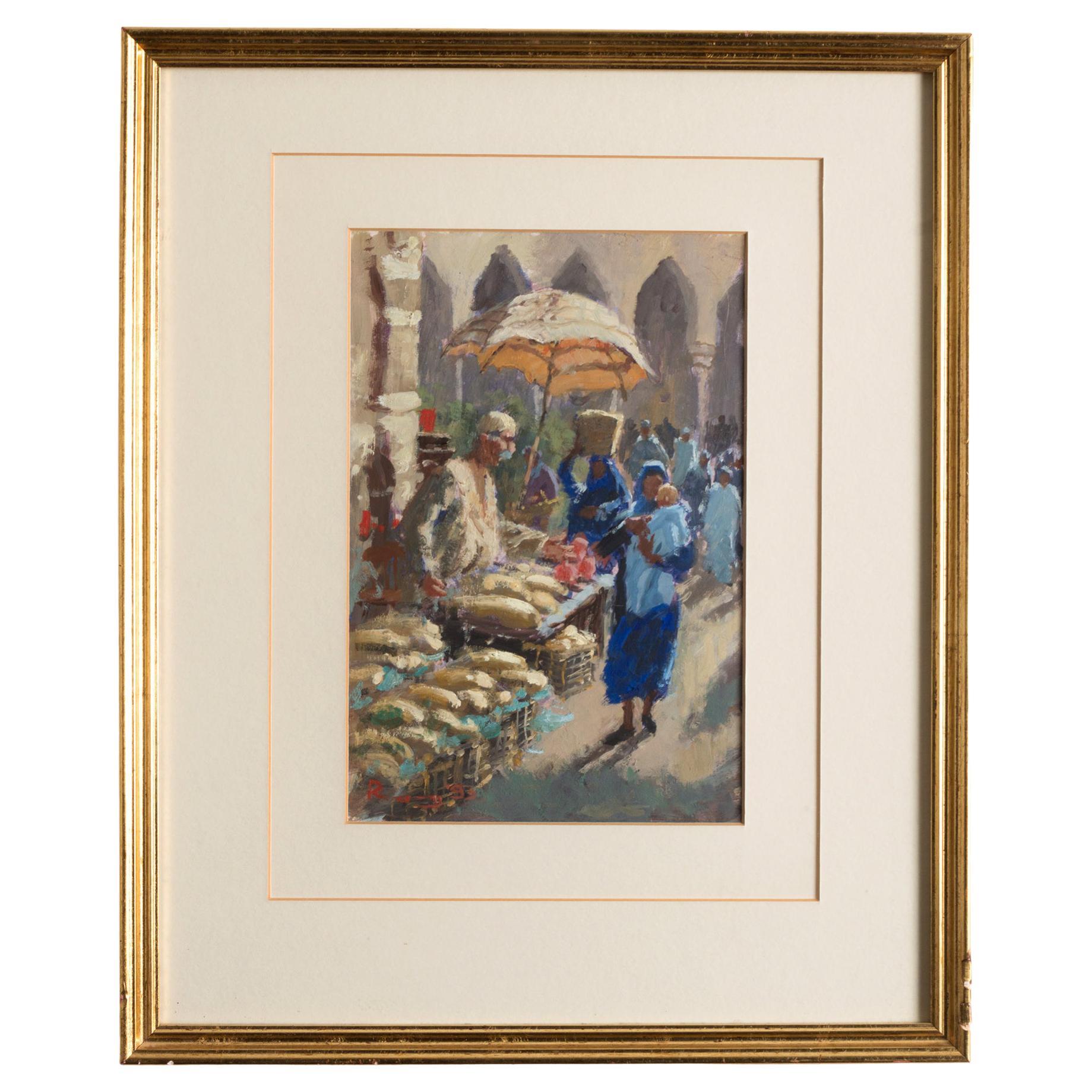 Huile impressionniste Spring Man, Khan El-Khalili Cairo, 1993, signée Roy Pettitt en vente