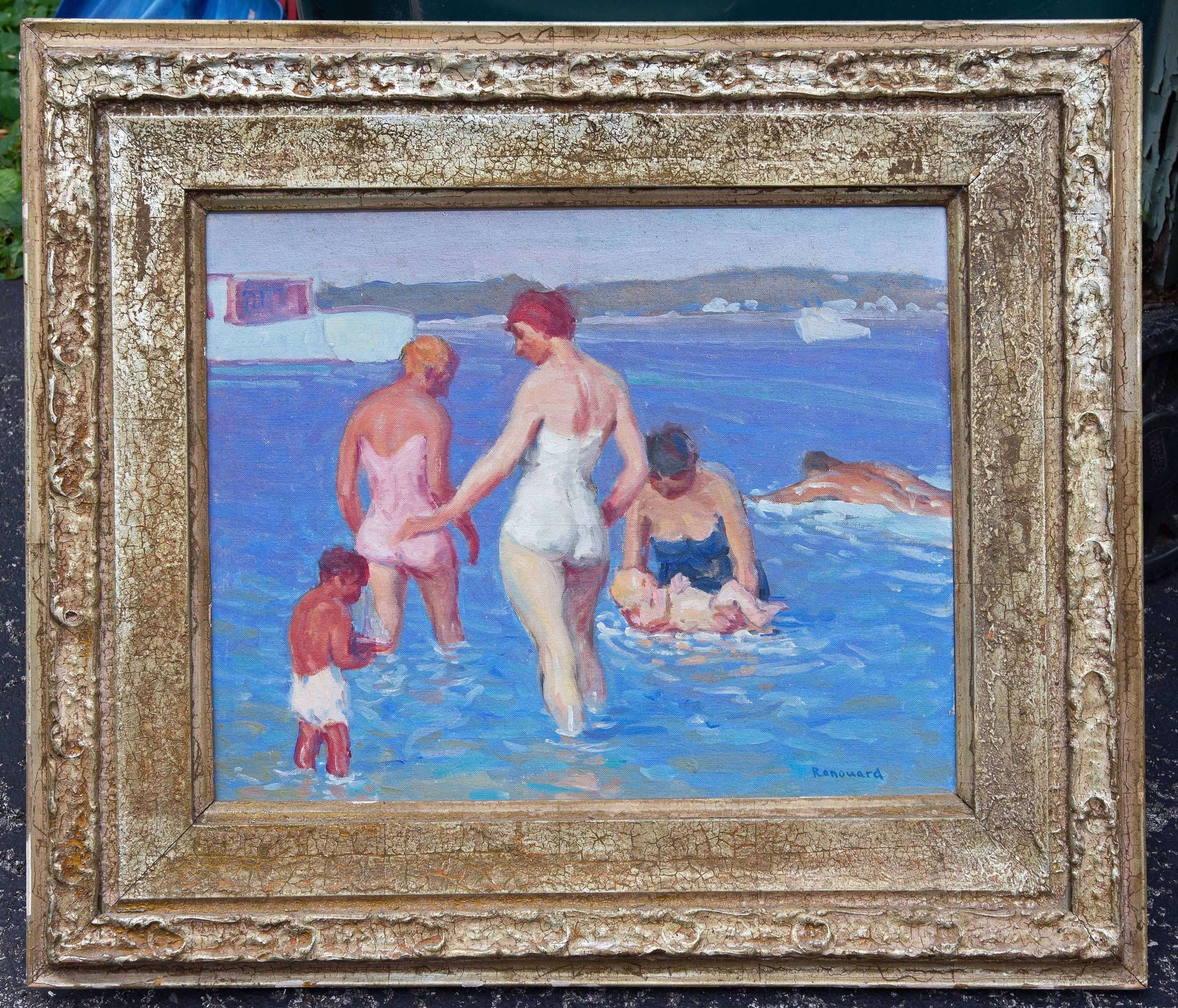 Scène de plage impressionniste américaine par George Renouard. La peinture représente une famille de baigneurs au bord de l'eau. Les figures sont tridimensionnelles. Les couleurs sont à la fois audacieuses et douces. Les peintures figuratives de