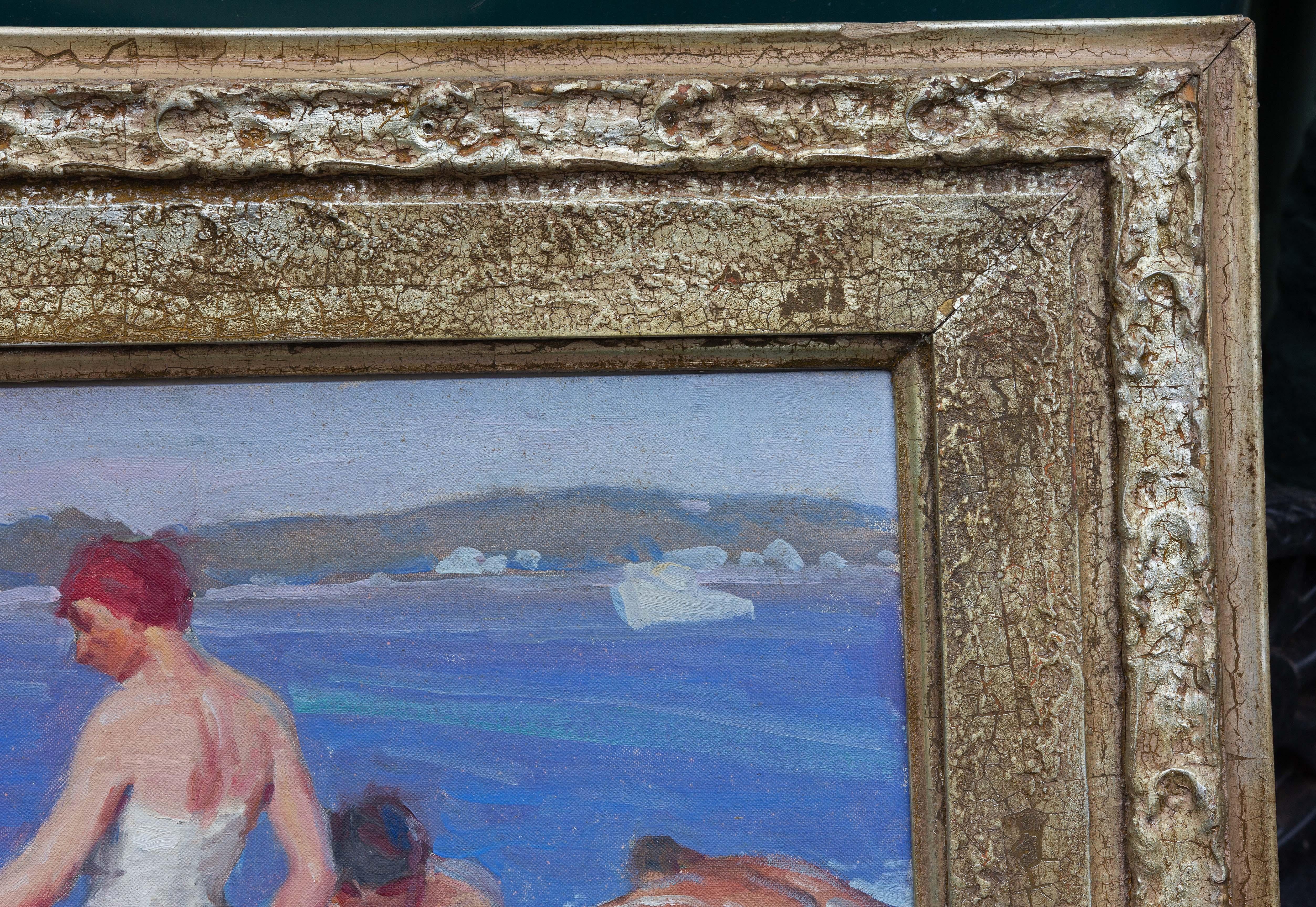 Américain Peinture impressionniste - Scène de plage de George Renouard en vente
