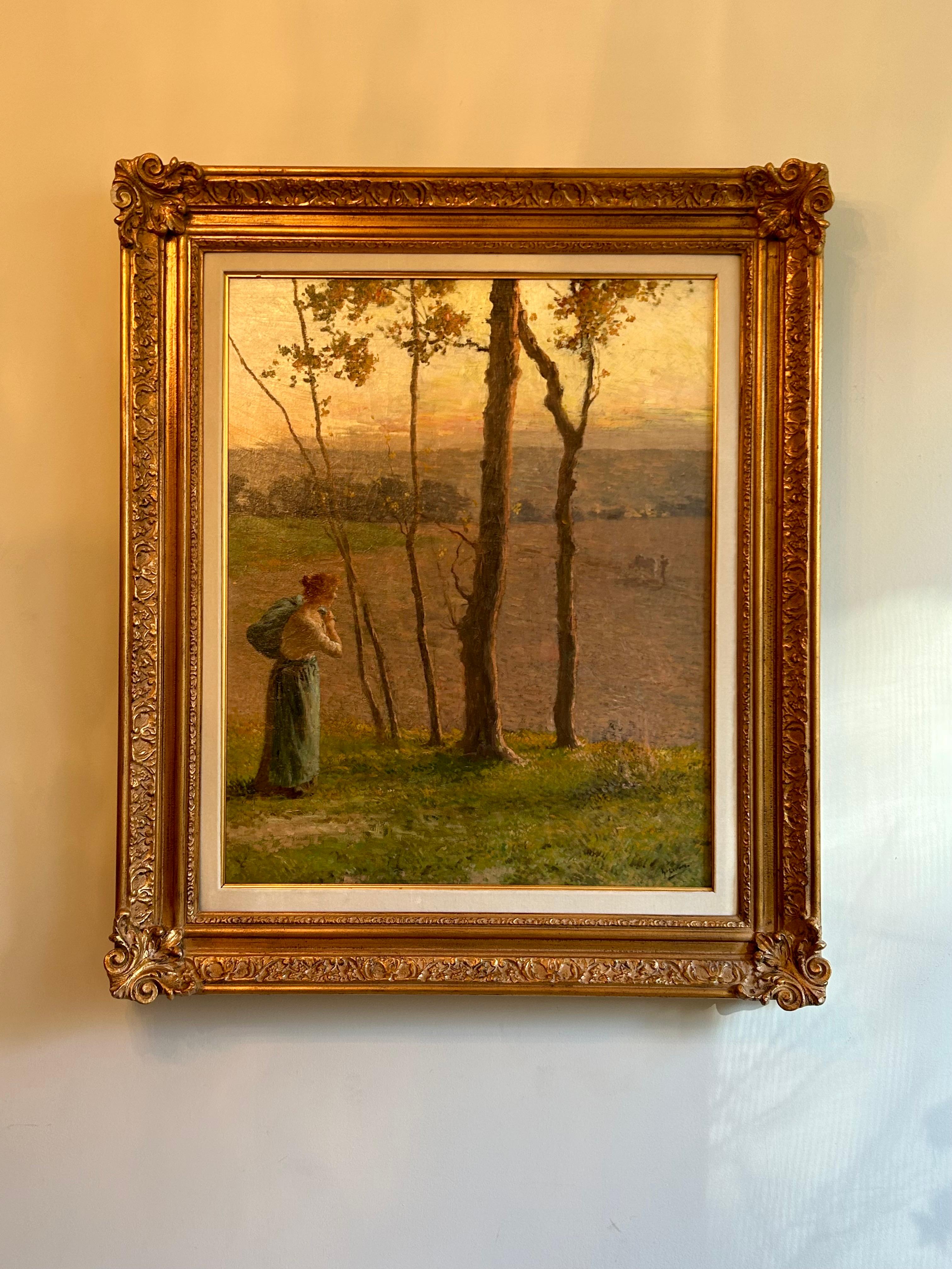 Un beau tableau du peintre américain André Gisson, dans un important cadre doré. Gisson était réputé pour ses peintures de style impressionniste et est largement collectionné. Cette œuvre associe sa passion pour les paysages à la figure solitaire