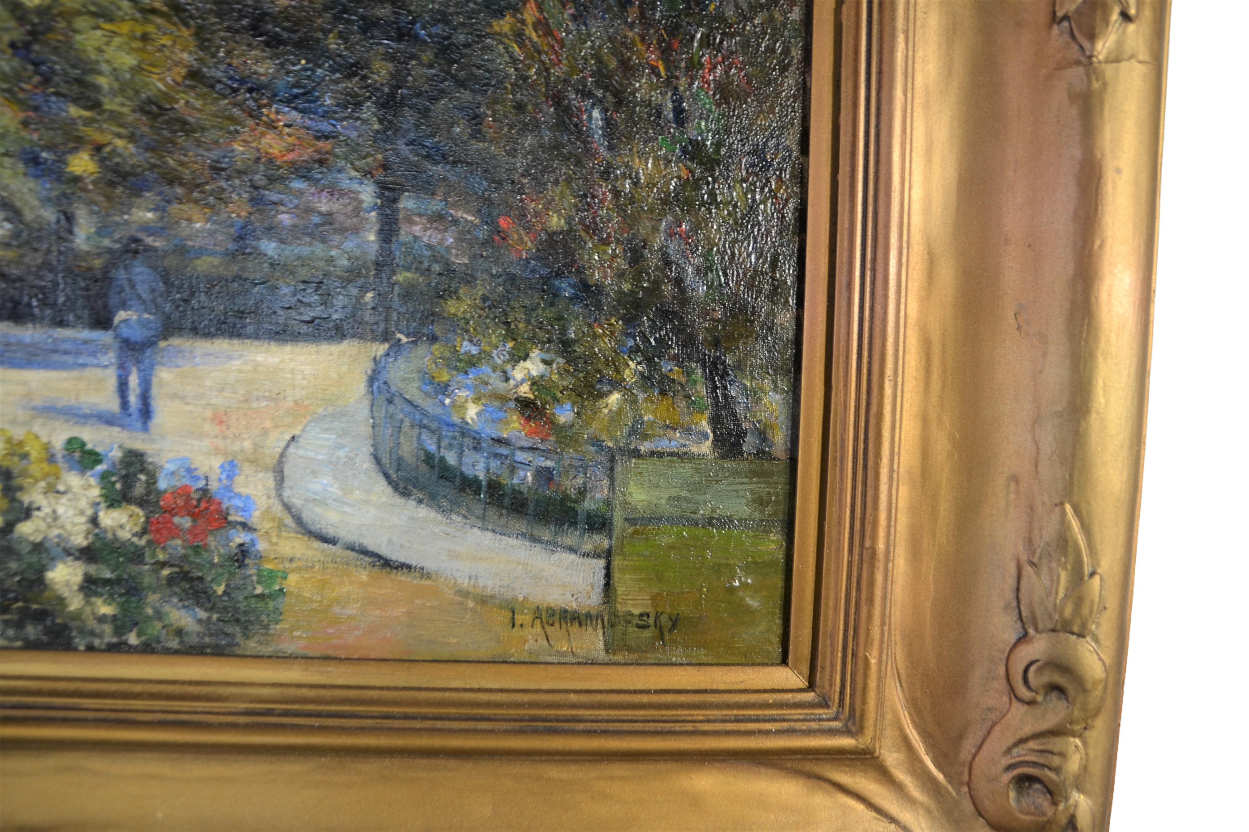 Schönes impressionistisches Gemälde eines Blumengartens und eines Weges. 
Ölgemälde auf Leinwand in seinem ursprünglichen Rahmen. Signiert vom Künstler. 
Israel Abramofsky (10. September 1888 - 16. Januar 1975) war ein in Russland geborener