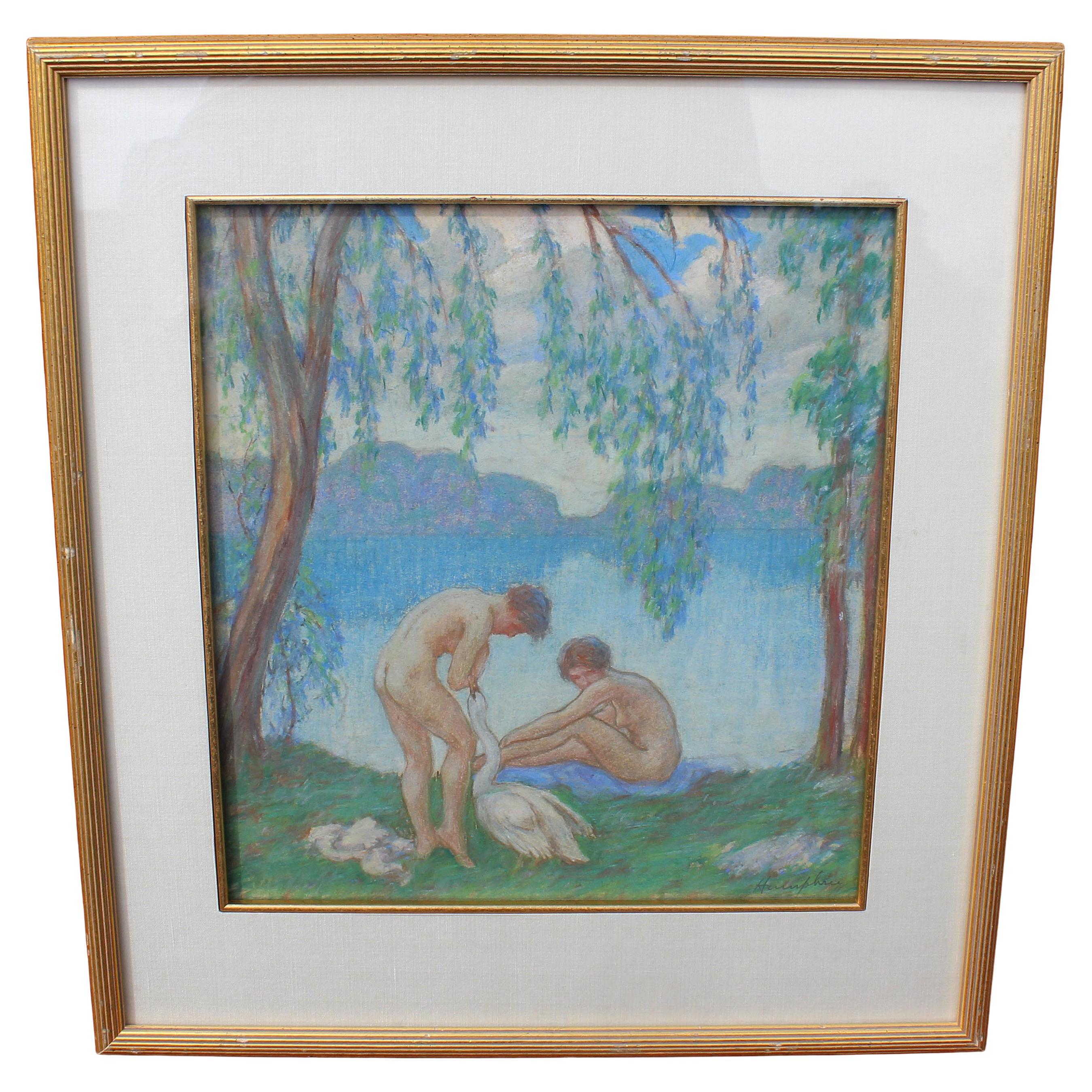 Nude bathers, fine early 20th century impressionist painting by David Humphrey (American 1872-1950.) Pastel on paper.
Humphrey was born in Elkhorn, Wisconsin in 1872. He studied at the Art Institute of Chicago and in Paris at the Julien Academy and