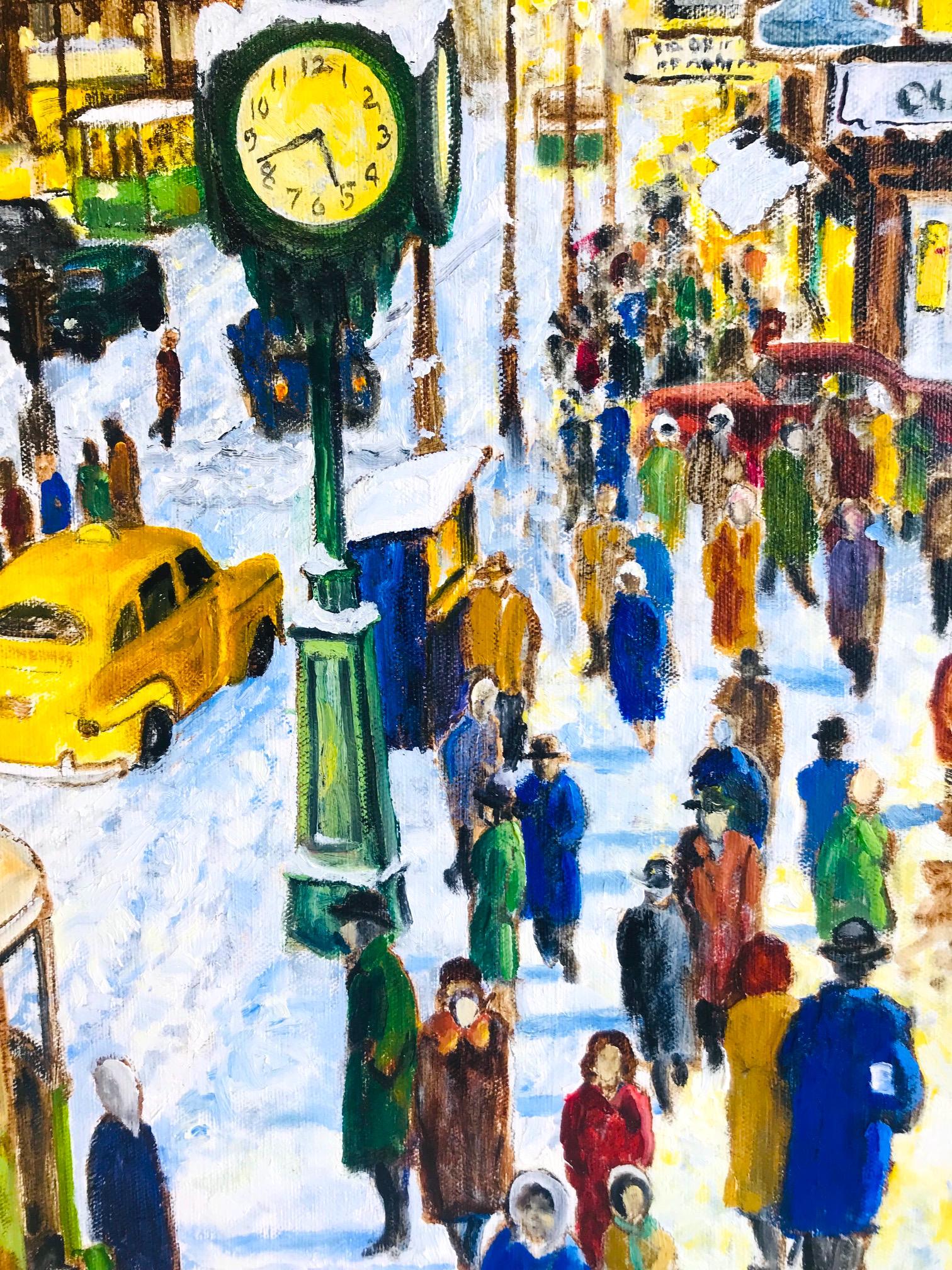 Gilt Impressionist Painting of 1950s New York City at 42nd Street, Oil on Canvas