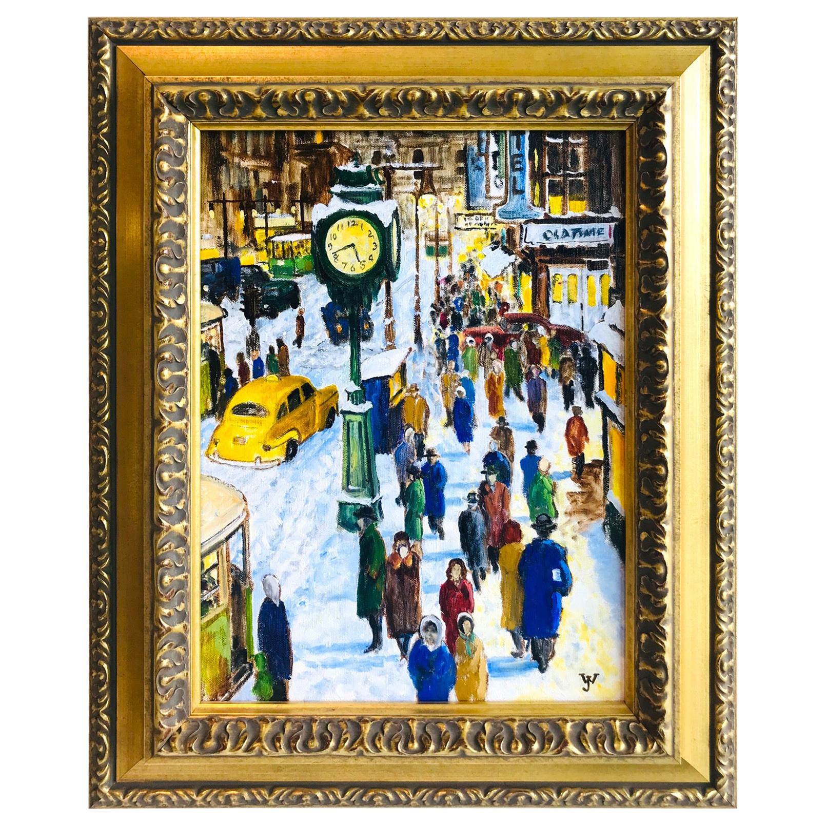 Impressionist Painting of 1950s New York City at 42nd Street, Oil on Canvas