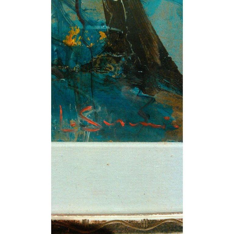 This Mid-Century Modern impressionist paint is very moody and evocative with its dramatic view and bold use of colors. The piece was purchased in Vermont and we believe it is a Vermont scene. The piece is signed by the artist, but we can't deciper