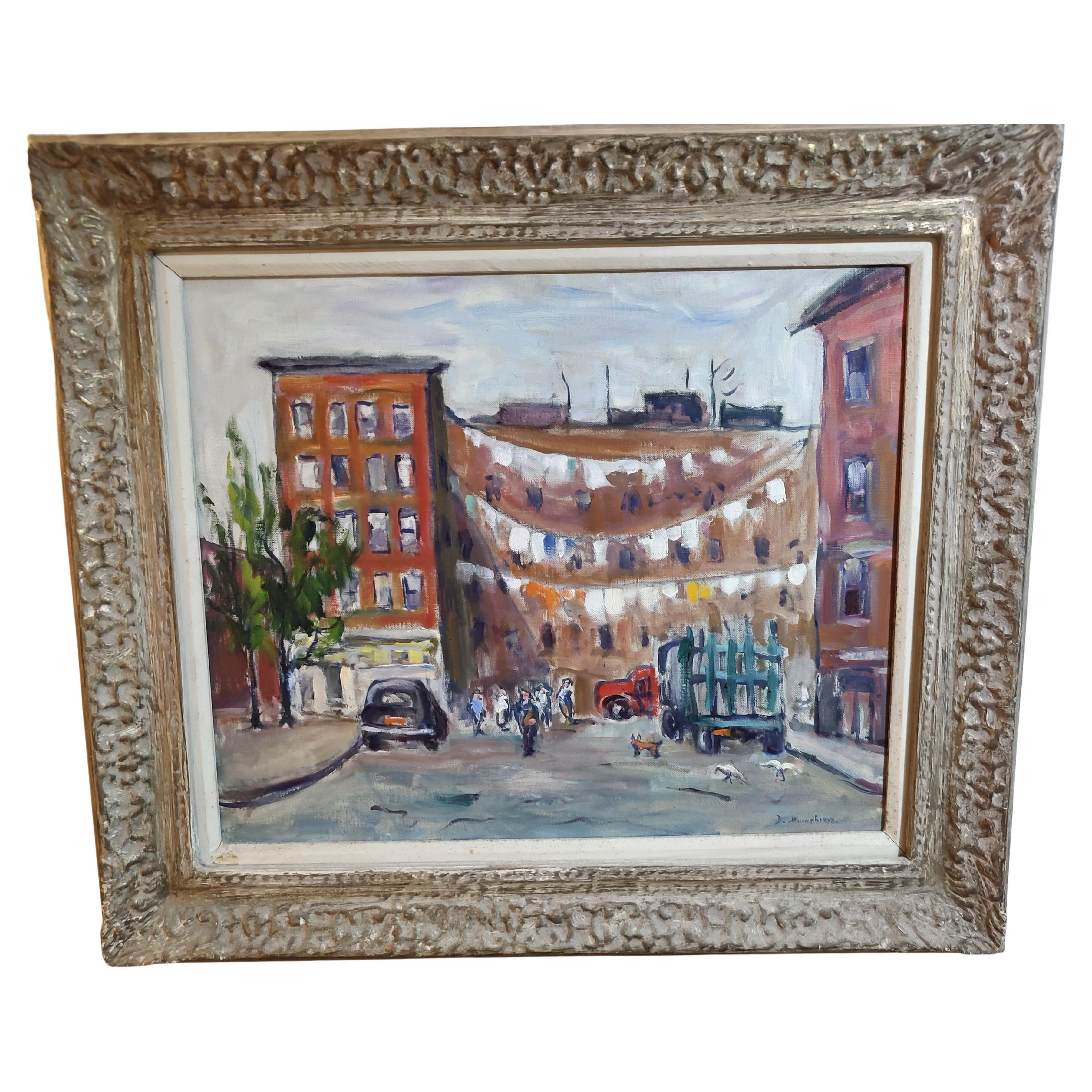 Mid Century Impressionis Painting of a Urban Scene "Laundry Day" by D. Humphreys