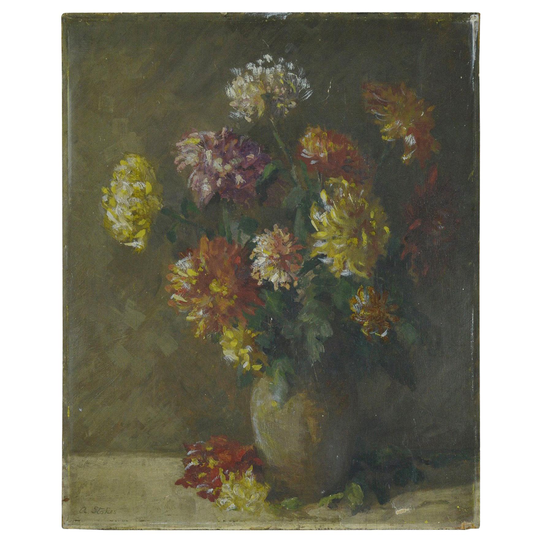 Wonderful painting of chrysanthemums in delightful muted colors.

Oil on board. Unframed. Signed lower left.

Painted in high relief particularly the flowers.

It has been taken out of a frame so the edge is slightly distressed.

Tiny
