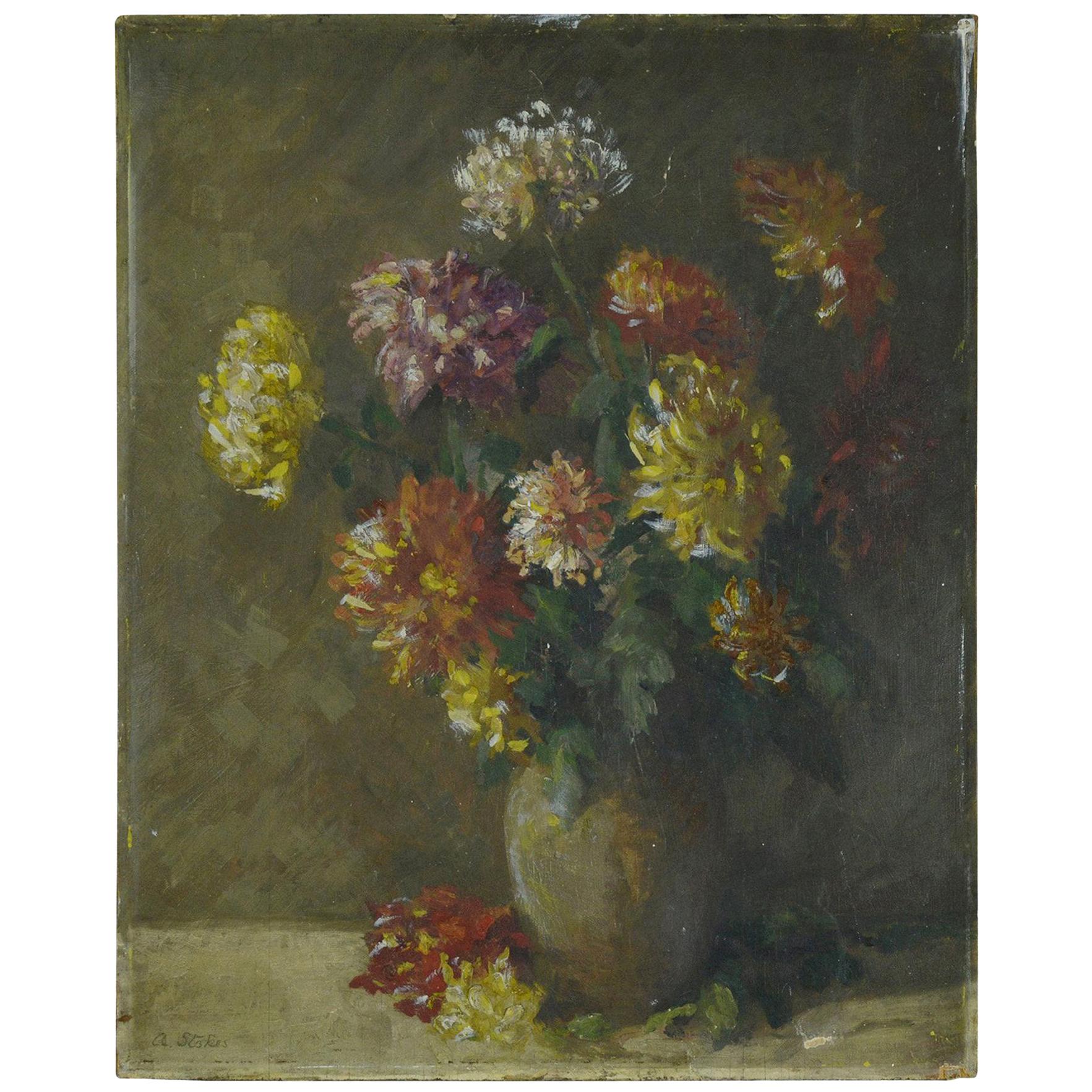 Wonderful painting of chrysanthemums in delightful muted colors.

Oil on board. Unframed. Signed lower left.

Painted in high relief particularly the flowers.

It has been taken out of a frame so the edge is slightly distressed.

Tiny