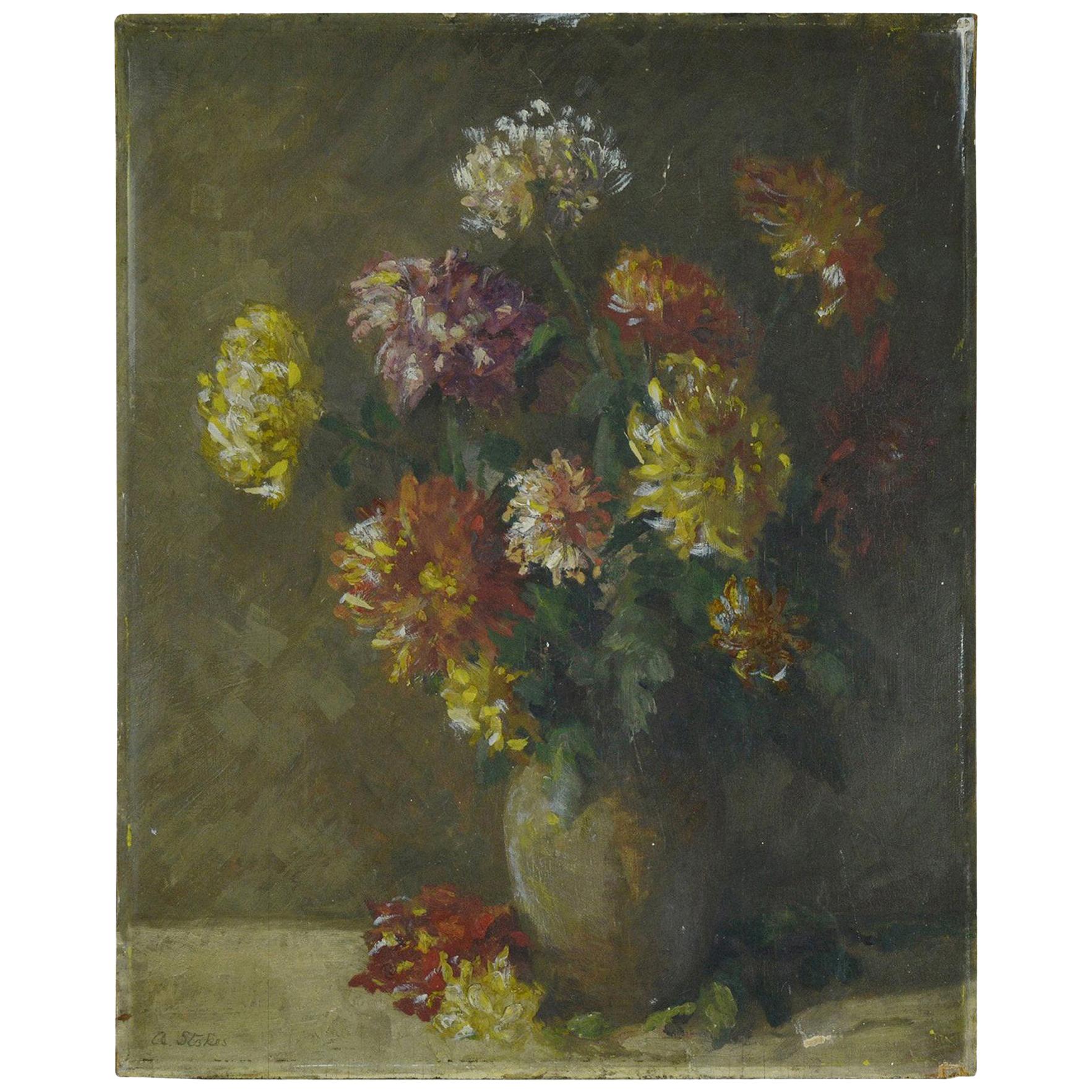 Wonderful painting of chrysanthemums in delightful muted colors.

Oil on board. Unframed. Signed lower left.

Painted in high relief particularly the flowers.

It has been taken out of a frame so the edge is slightly distressed.

Tiny