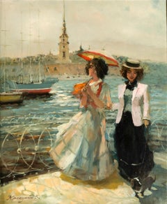 Impressionist Painting of Ladies by St. Petersburg Lighthouse, Signed