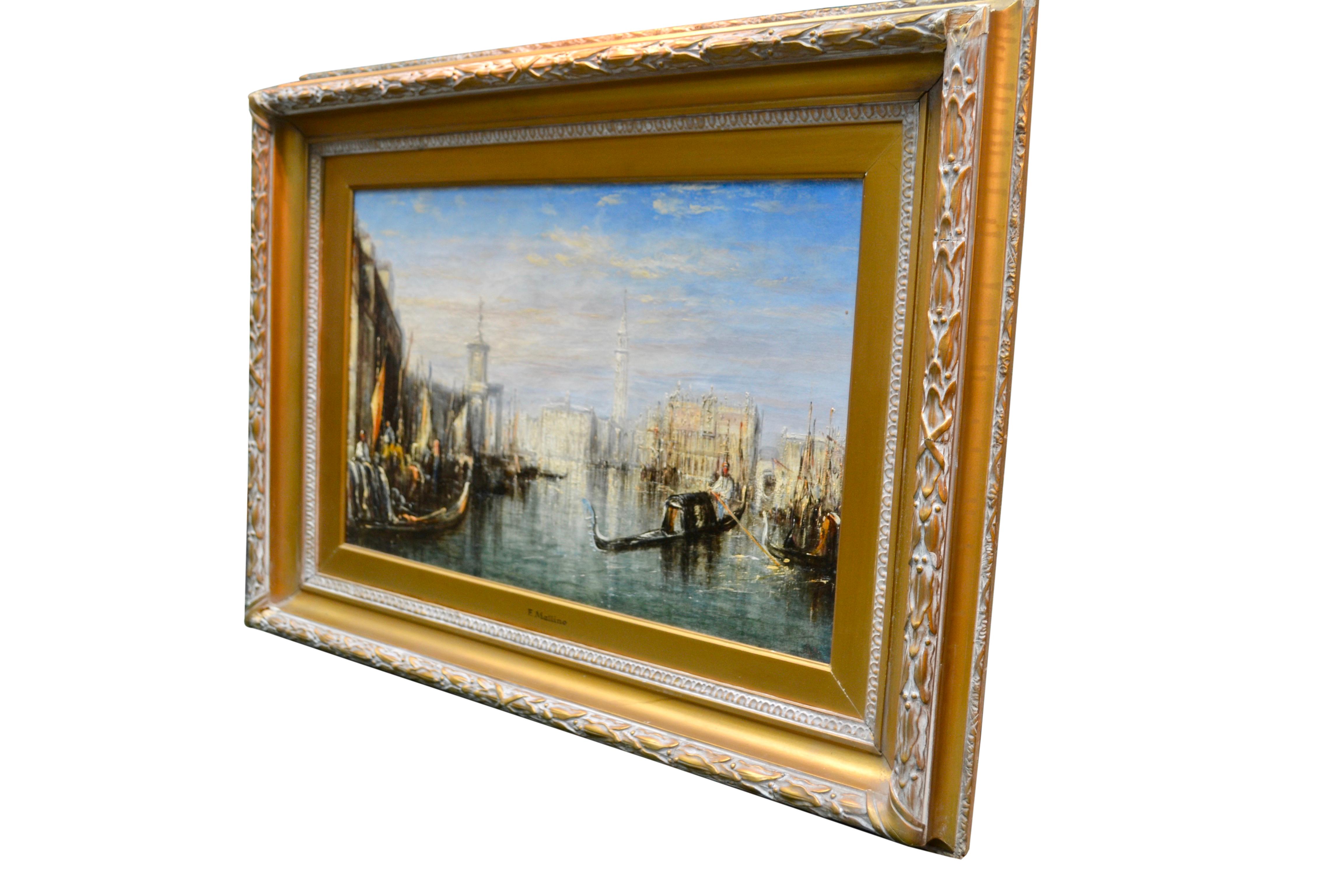 A signed oil on canvas of the Grand Canal in Venice by the 19th century English Italian artist Francis Moltino. Francis Moltino (1818–1874) was an Italian painter, resident in London in the mid-1840s, who specialized in landscapes and coastal scenes
