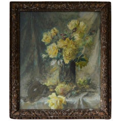 Impressionist Painting of Yellow Roses by C. Dore, French, circa 1870