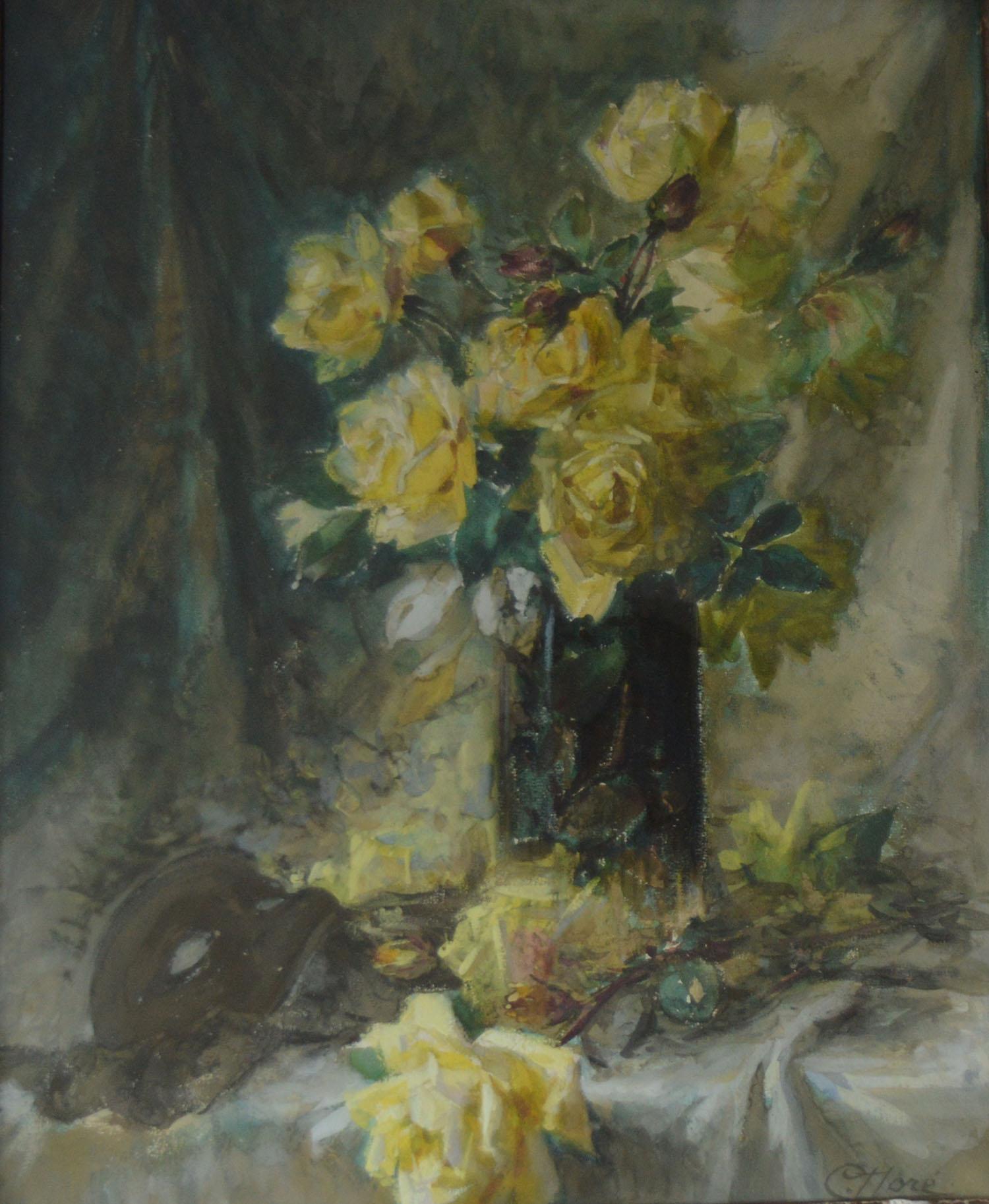 French Provincial Impressionist Painting of Yellow Roses by C. Dore, French, circa 1870