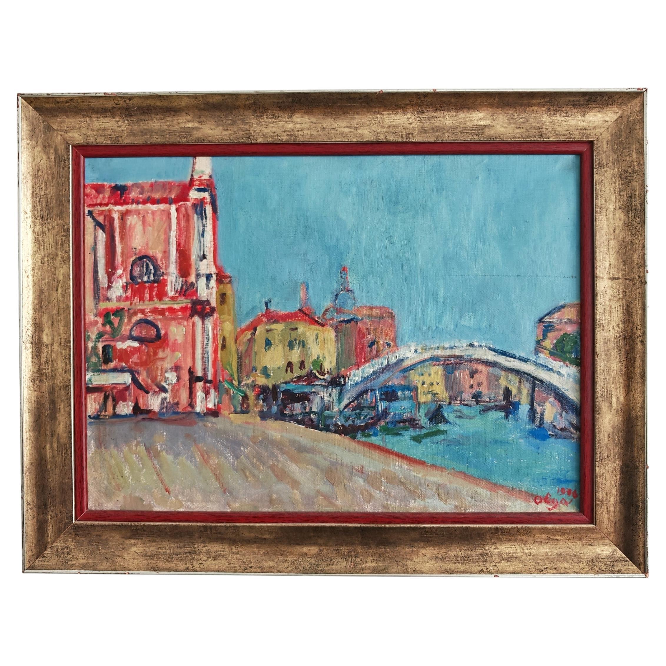 Quadro impressionista, "Venezia", olio su tela di Olga Milunovic, Jugoslavia