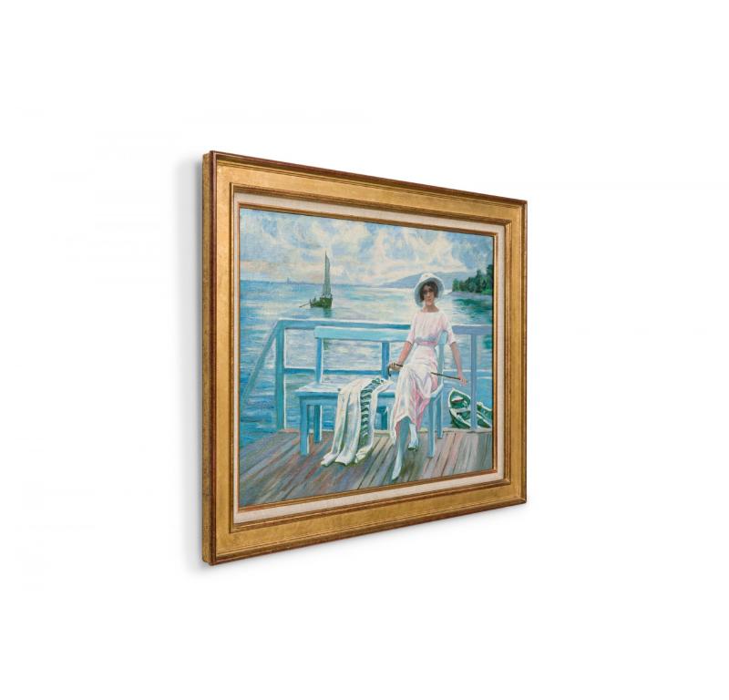Kopie des französischen Impressionisten von Anonymous, der eine Frau auf einem Dock mit einem Segelboot in der Ferne zeigt