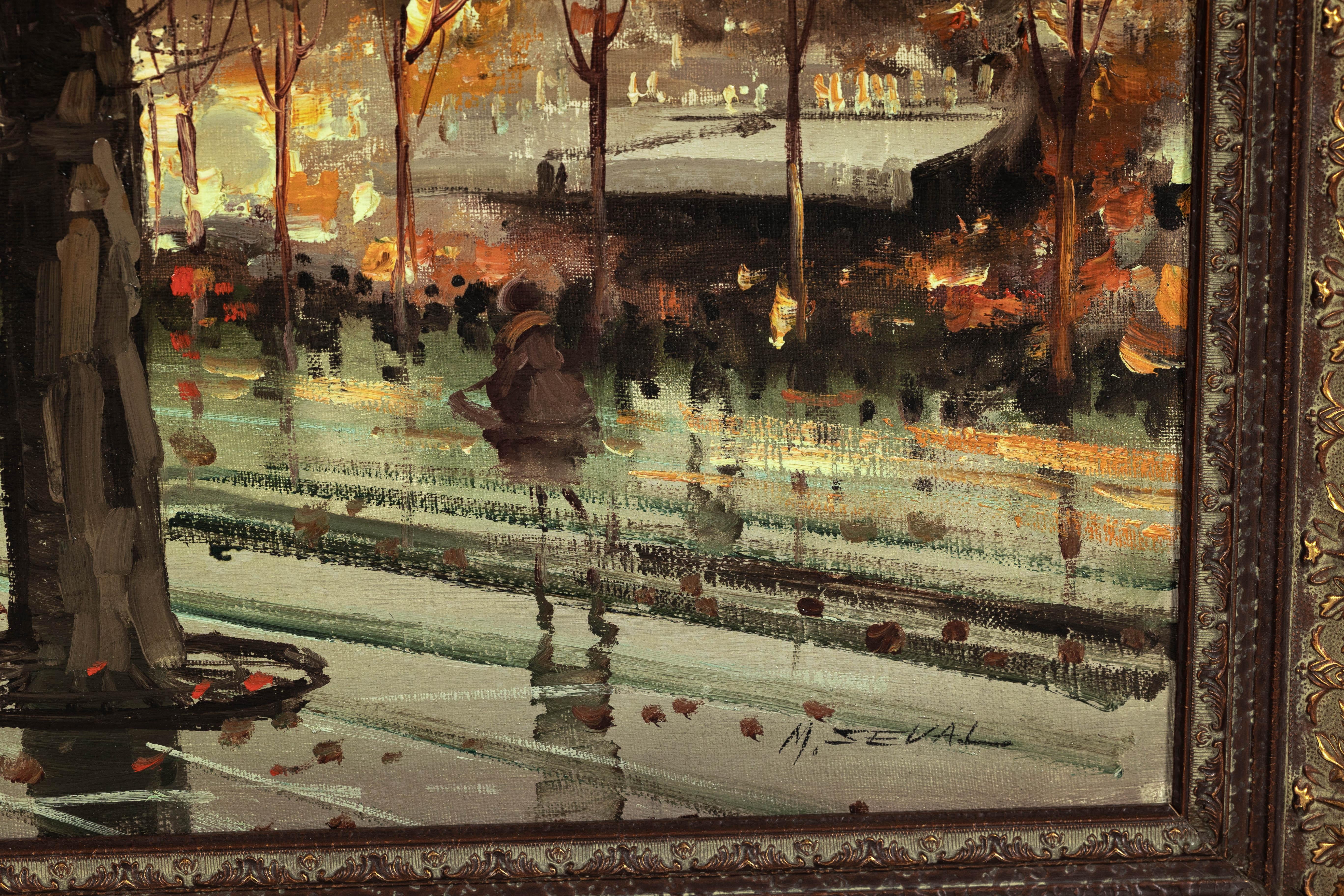 Scena impressionista di boulevard parigino, dipinto a olio su tela firmato M. Serval in vendita 5