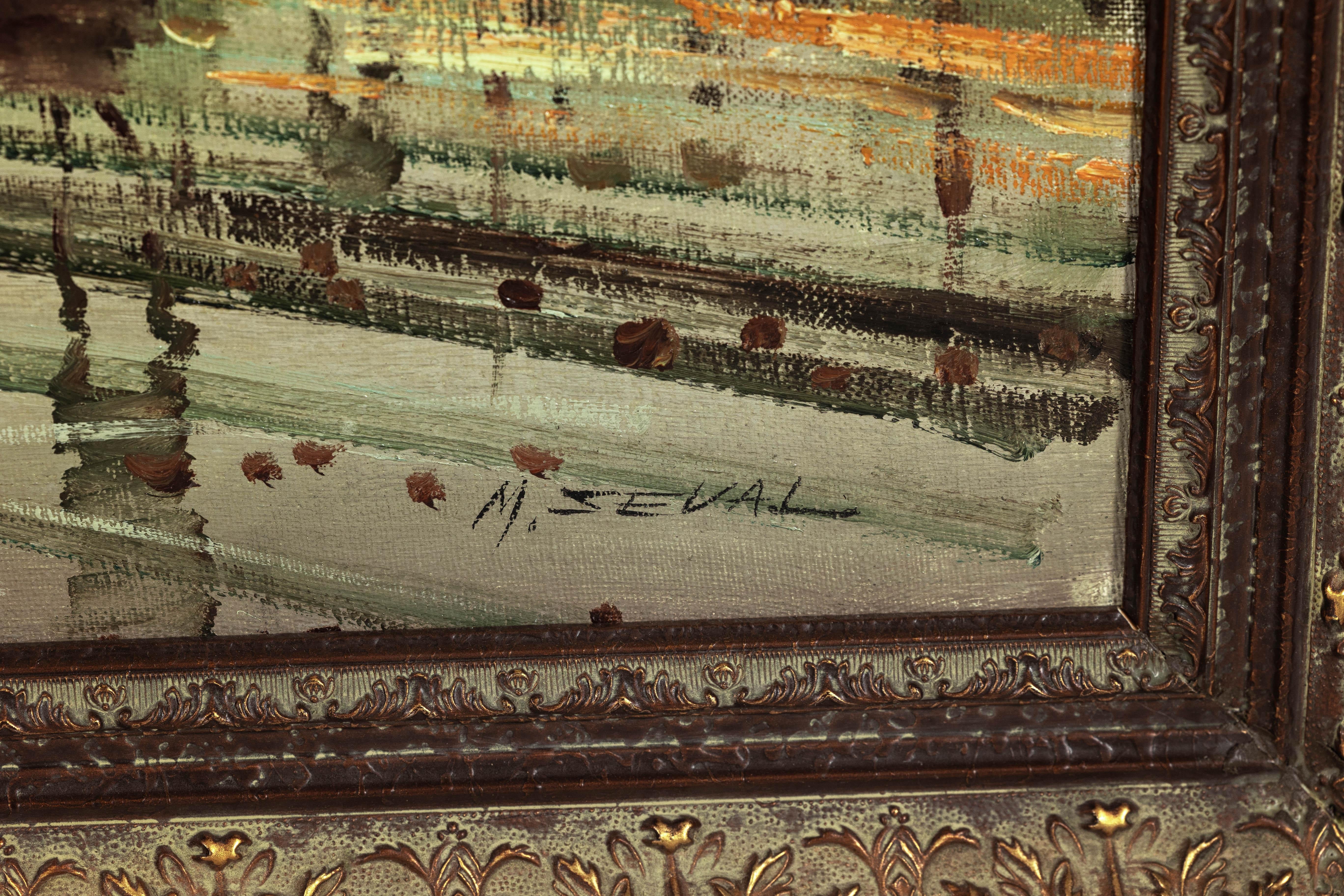 Scena impressionista di boulevard parigino, dipinto a olio su tela firmato M. Serval in vendita 6