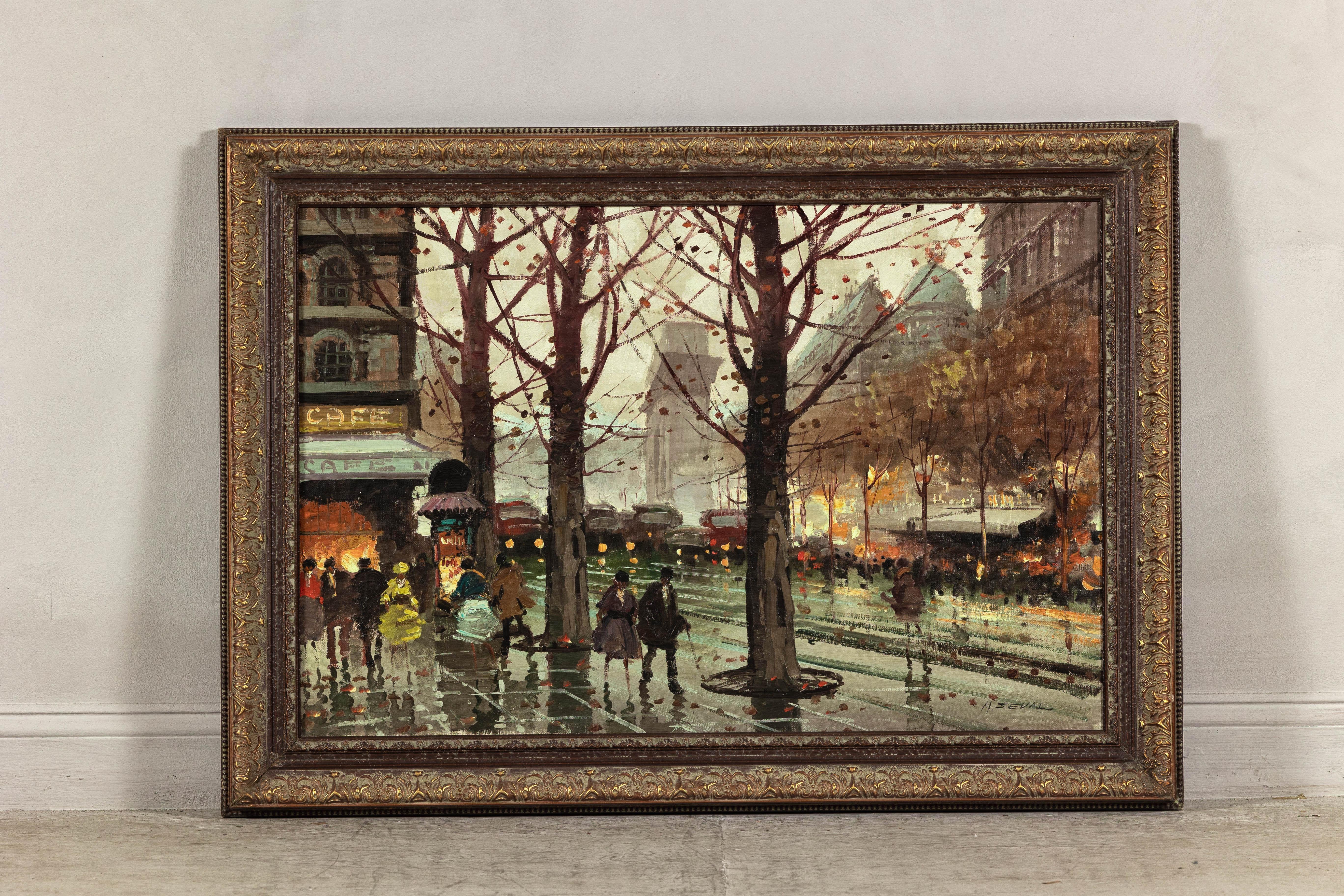 Francese Scena impressionista di boulevard parigino, dipinto a olio su tela firmato M. Serval in vendita