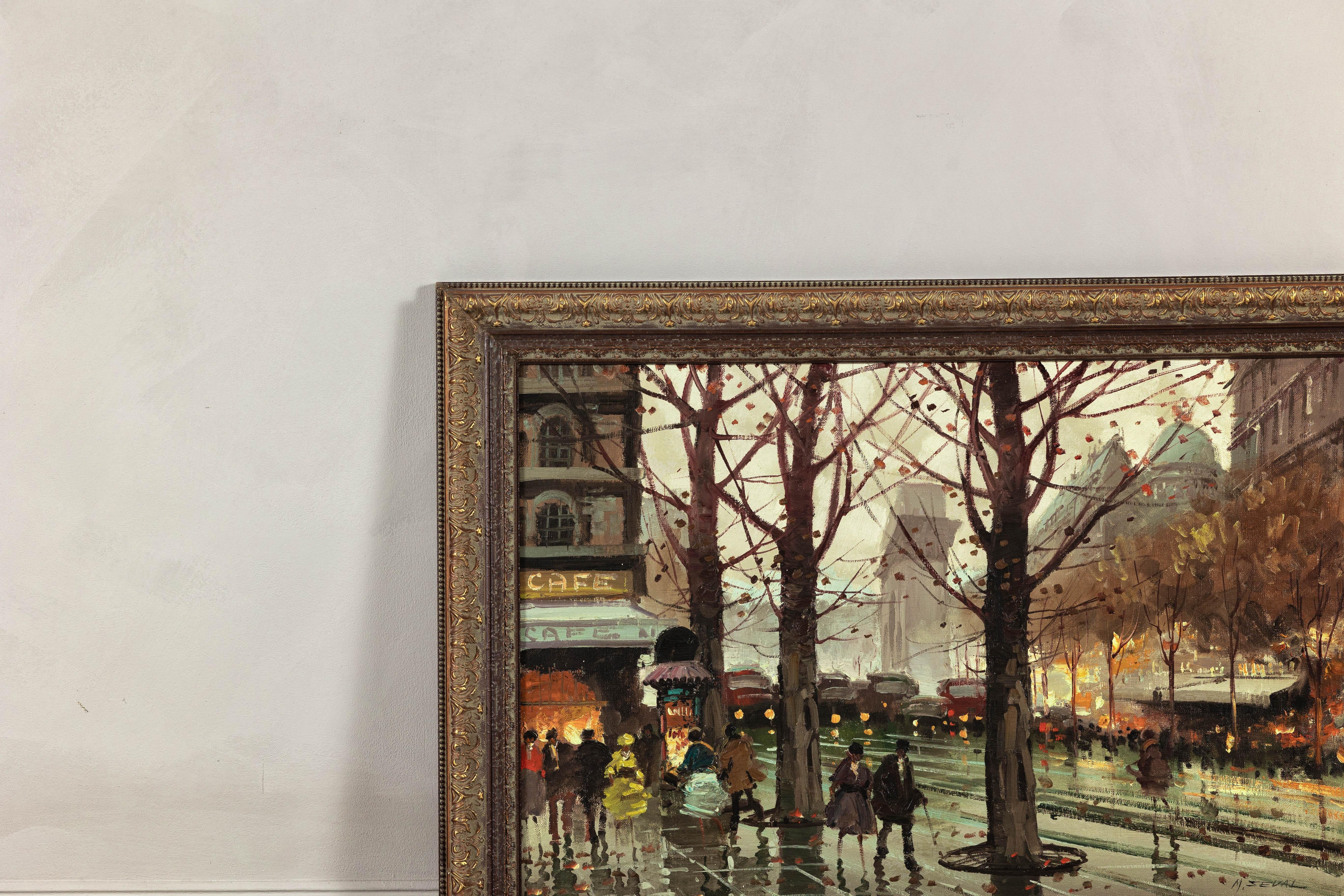 Intagliato Scena impressionista di boulevard parigino, dipinto a olio su tela firmato M. Serval in vendita