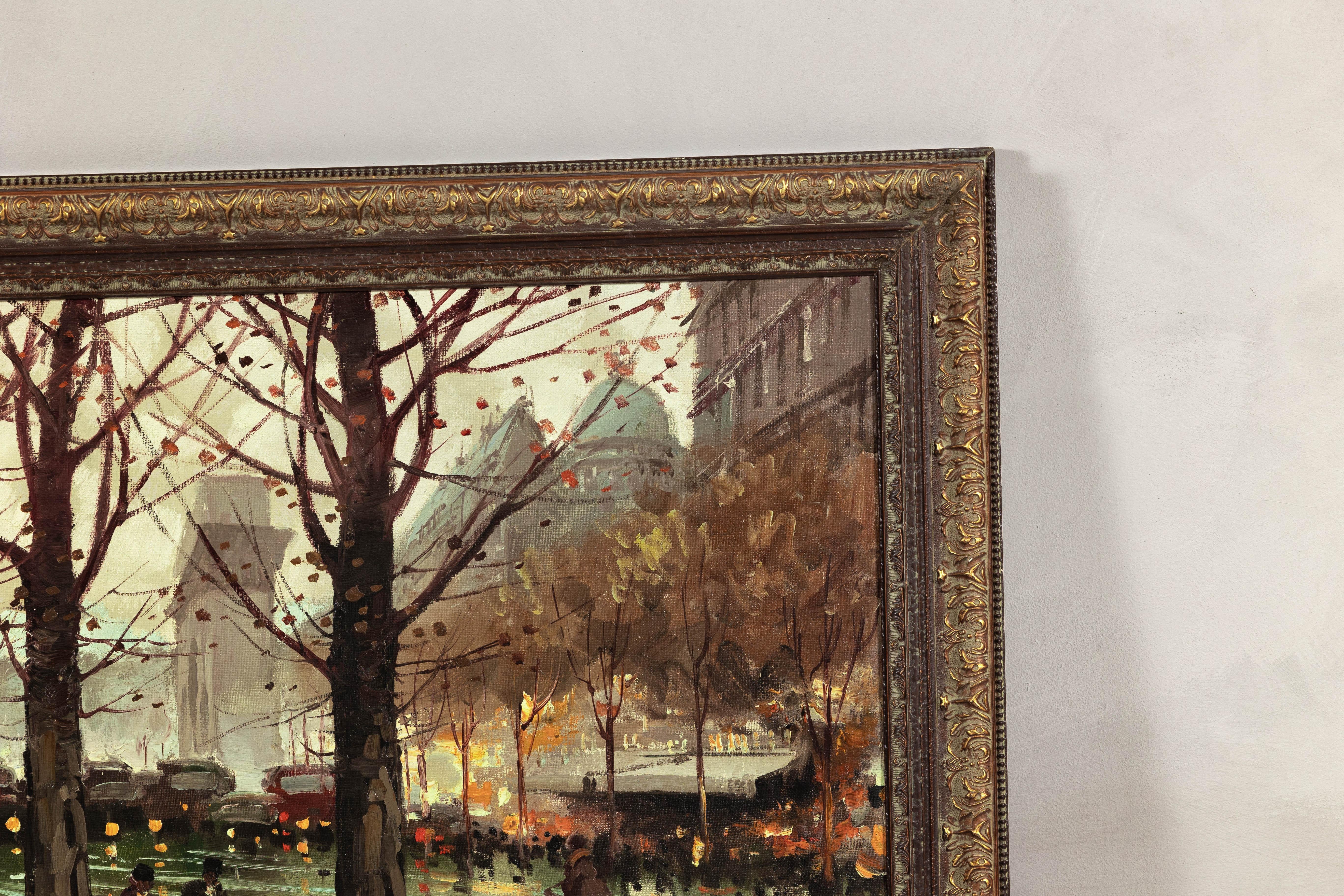 XX secolo Scena impressionista di boulevard parigino, dipinto a olio su tela firmato M. Serval in vendita