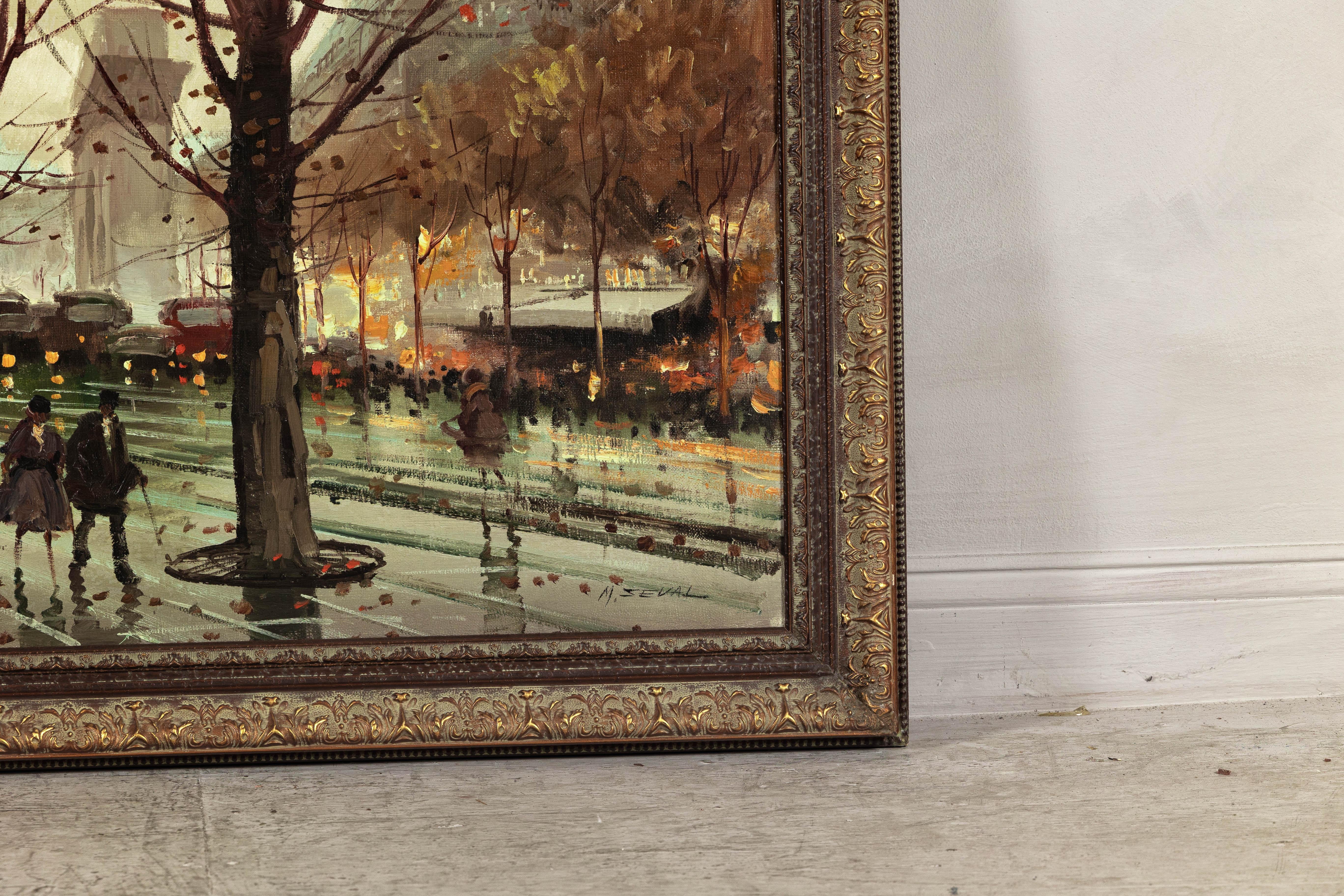 Tela Scena impressionista di boulevard parigino, dipinto a olio su tela firmato M. Serval in vendita